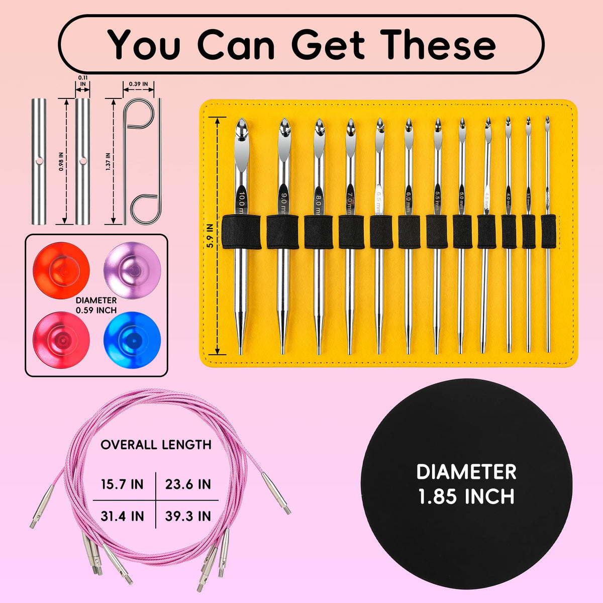 Tunisian Crochet Hooks Set with Cable, 26PCS Interchangeable Aluminum Crochet Hooks 3mm-10mm, Long Crochet Hooks, Anti-Twist Swivel Cables, Ergonomic Lightweight Crochet Hook Set with Case