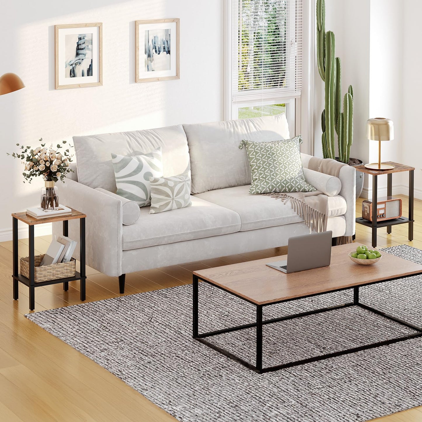 HOOBRO End Tables Set of 2, Side Table with 2-Tier Storage Shelves, Tall Nightstand with Faux Rattan Decoration, Sofa Table for Small Space, Living Room, Bedroom, Rustic Brown and Black BF91BZP201