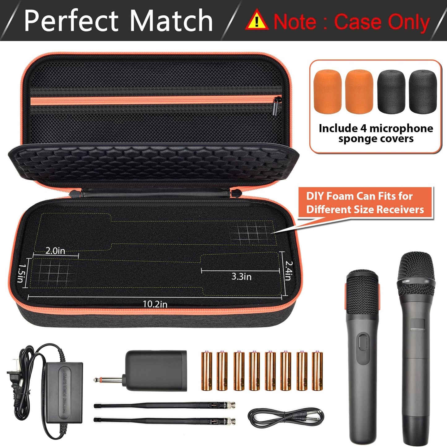 ANKHOH Wireless Microphone Case for JBL Wireless Two Microphone System for JBL Partybox DIY - with 2 Mic Cover Foams Fits from 8.25-10.5In Handheld Dual Mic, Recivers, Power Cord-Black(Box Only)