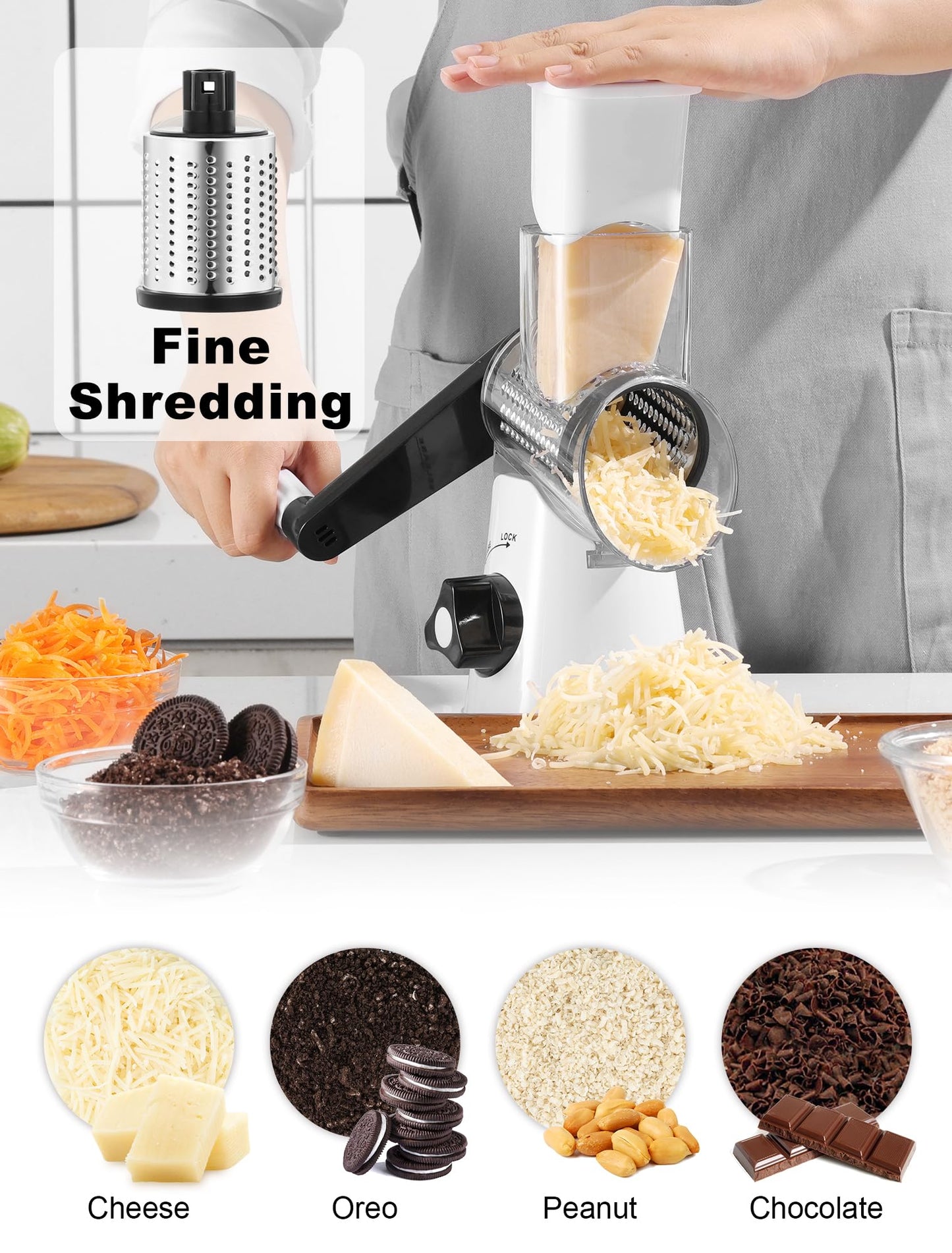 Cheese Grater Rotary, Rotary Cheese Shredder for Kitchen, Kitchen Grater Vegetable Slicer with 3 Drum Blades, Fast Cutting Cheese Shredder for Vegetables and Nuts