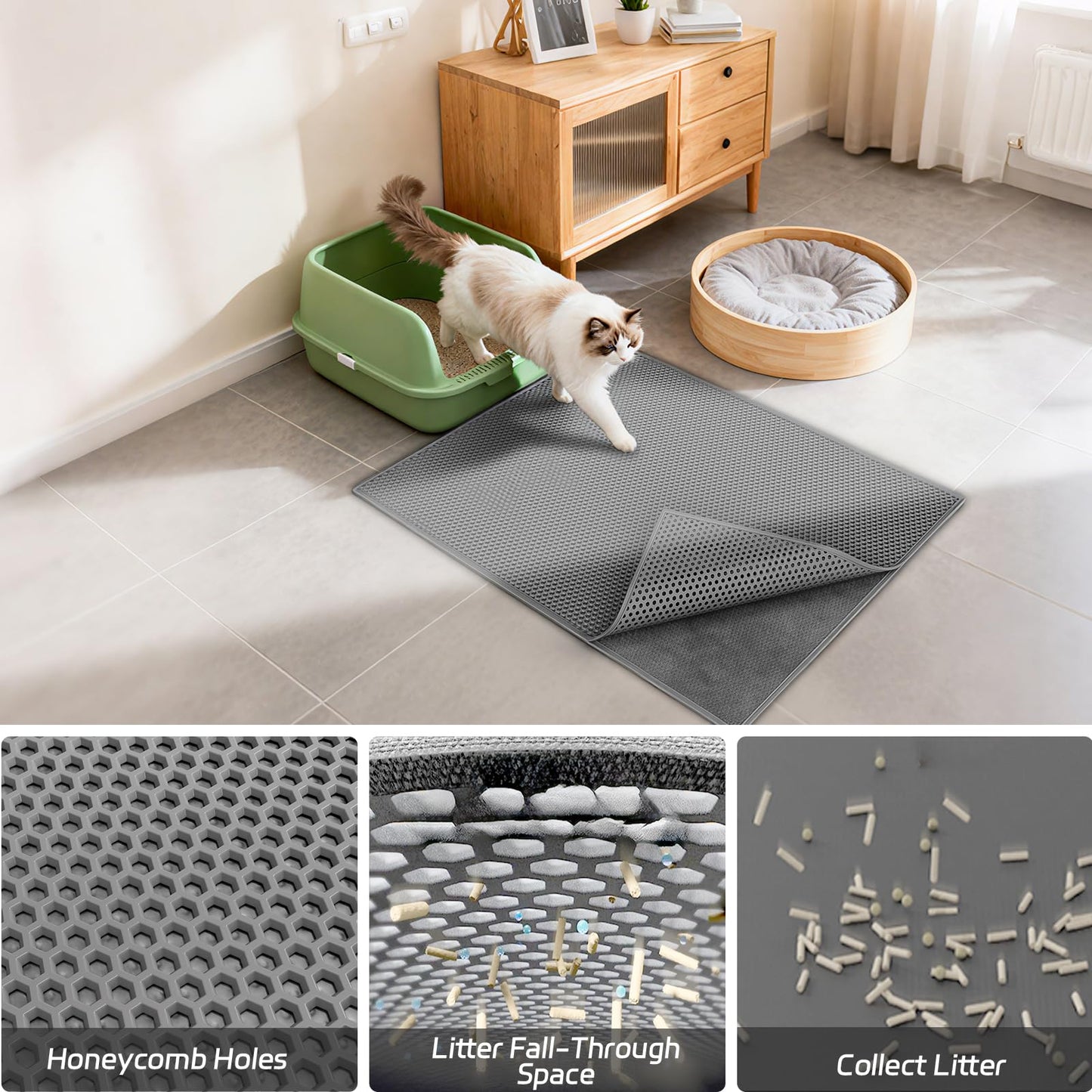 Garoopion Cat Litter Mat, 90 x76 cm Cat Litter Box Mat, EVA Waterproof Trapper, Honeycomb Double Layer Catcher, Easy to Clean, Gray, 1 Side Connected