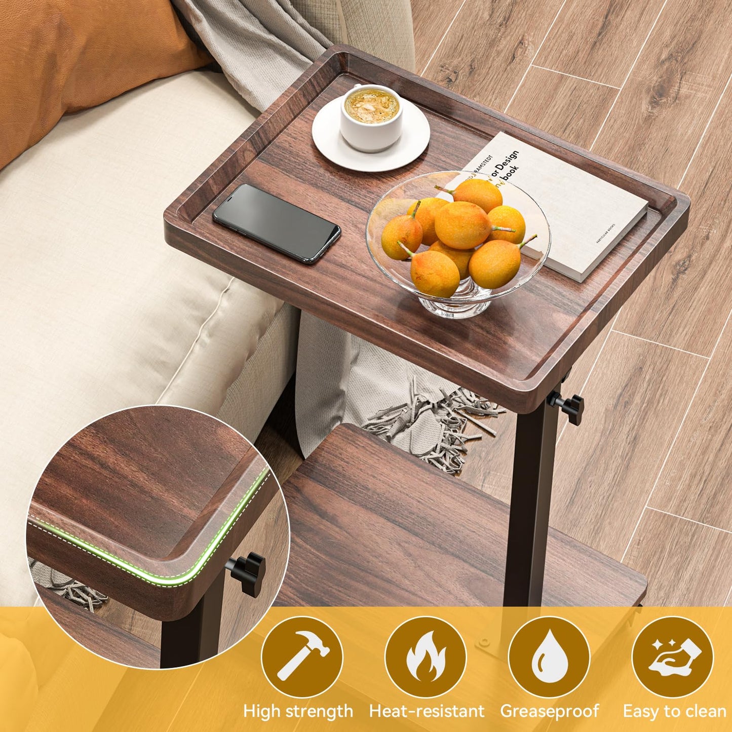 C Shaped End Table Adjustable Height, 360°Swivel TV Tray Table for Small Spaces, Rolling Couch Side Tables for Living Room, Bedroom, Bedside, Chair, Sofa, Snack (Walnut Brown)