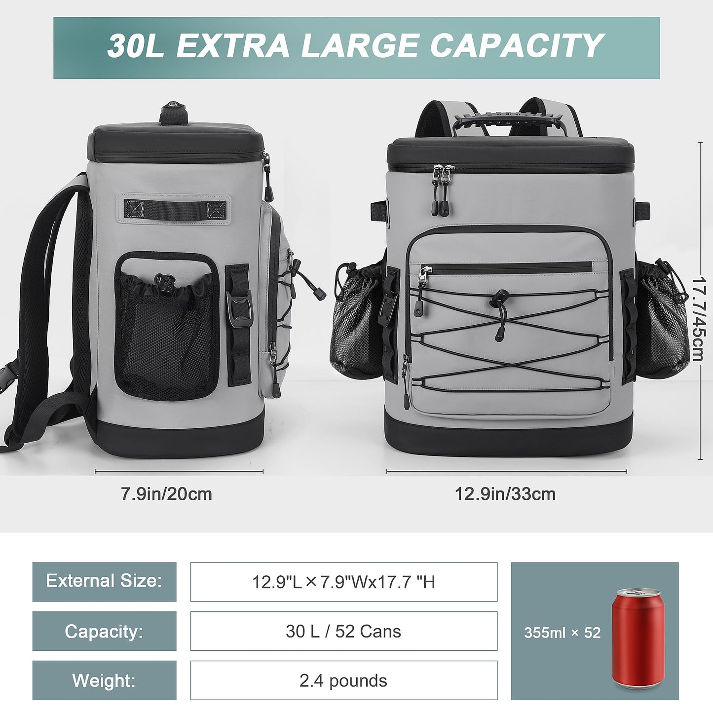 YOUNGOA Large 52cans Cooler Backpack, Insulated, Waterproof, Leak Proof, 30L Large Capacity (Grey, Black Zipper)