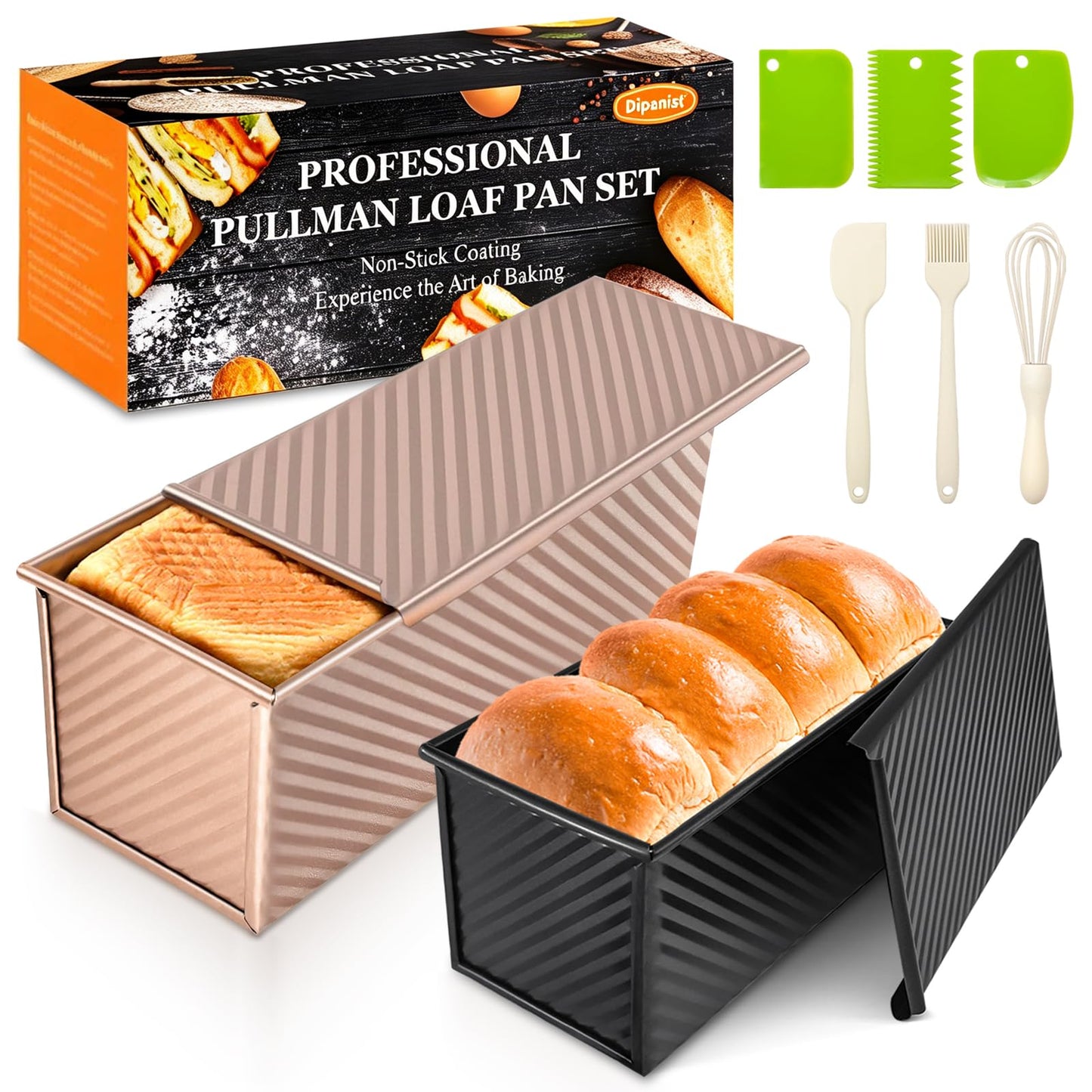 2Pack Pullman Loaf Pans with Lids – 2.2 LB & 1 LB Dough Capacity, Non-Stick Carbon Steel Bread Pans for Homemade Sandwich and Sourdough Bread, Corrugated Toast Mold