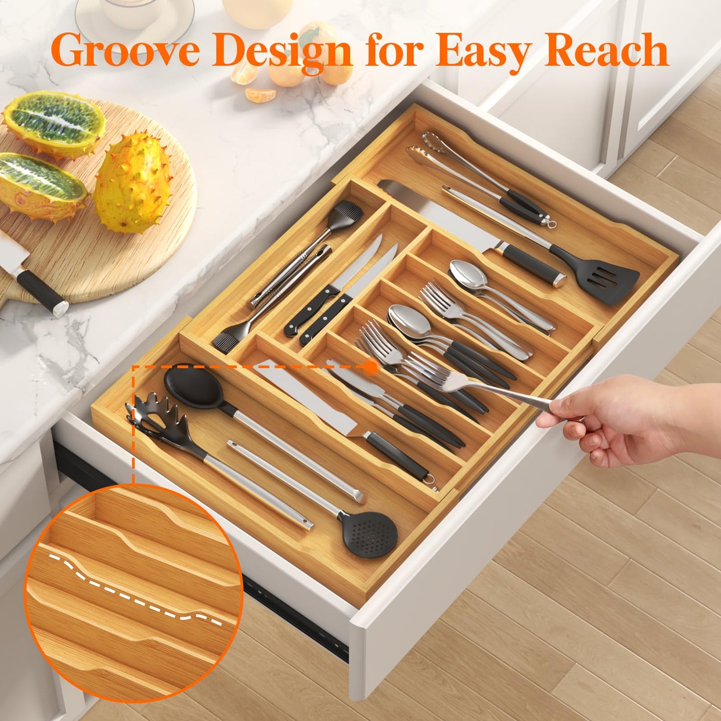 Lifewit Silverware Drawer Organizer, Expandable from 15.6 to 28", 10 Slots Utensil Tray for Kitchen, Bamboo Flatware and Cutlery Organizer, Wood Adjustable Storage for Spoons Forks Knives, Natural