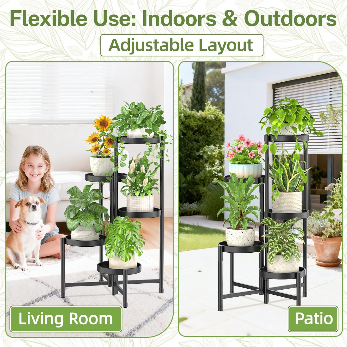 5 Tier Metal Plant Stand for Indoor Outdoor, iDavosic.ly Foldable Corner Tall Plant Shelf for Multiple Plants, Rustproof Flower Pot Holder Display Stand for Living Room Balcony Garden Patio (Black)