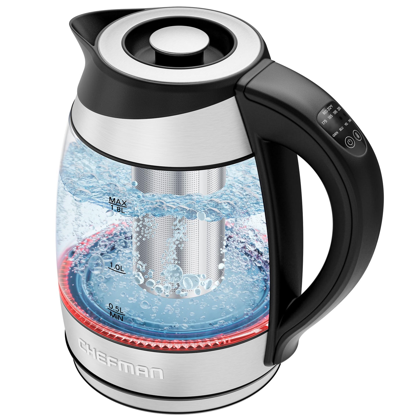 Chefman Electric Kettle w/ Temperature Control, 5 Presets, Colored LED Indicator Lights, 360° Swivel Base, BPA Free, Removable Tea Infuser Included, 1100 Watts & 120 Volts, Stainless Steel, 1.8 Liters