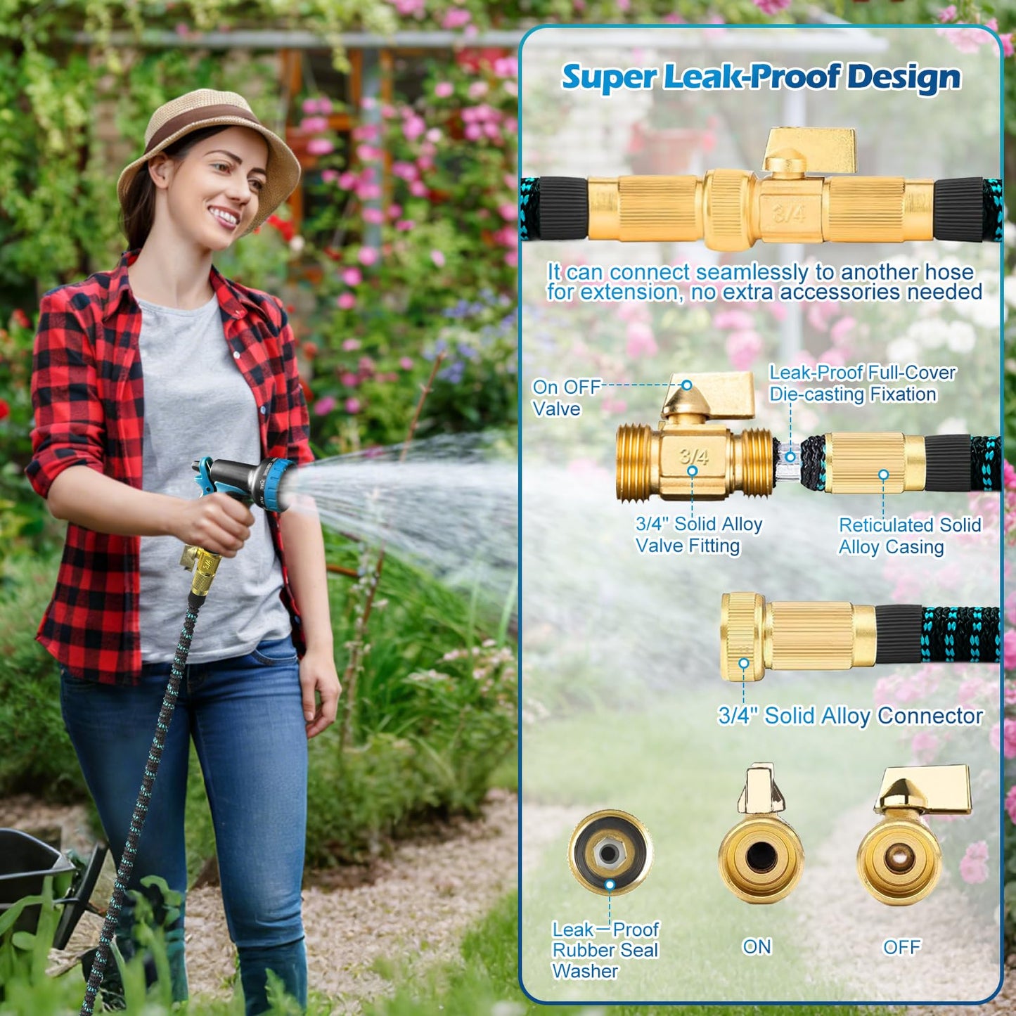 Expandable Garden Hose 100FT, Lightweight Water Hose with 10 Function Nozzle & 3/4" Solid Brass Fittings,Kink Free Retractable Collapsible Flexible Gardening Hose Pipe with Hook and Storage Bag,Blue