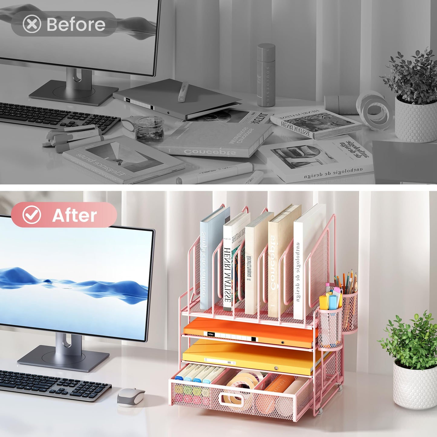 Marbrasse Desk organizer, 4 Tier Mesh File Organizer with 5 Vertical File Holders, Workspace Organizers with Drawer and 2 Pen Holders, Desk Storage for Office, School, Home (Pink)