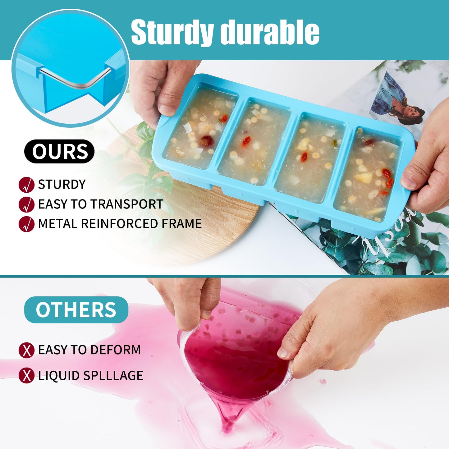 WENQING Silicone Freezer Tray with Lid 2 Pack Silicone Freezer Molds - Large Ice Cube Tray - Makes 8 Perfect 1 Cup Portions Soup Cubes Meal Prep Containers- Oven & Dishwasher Safe