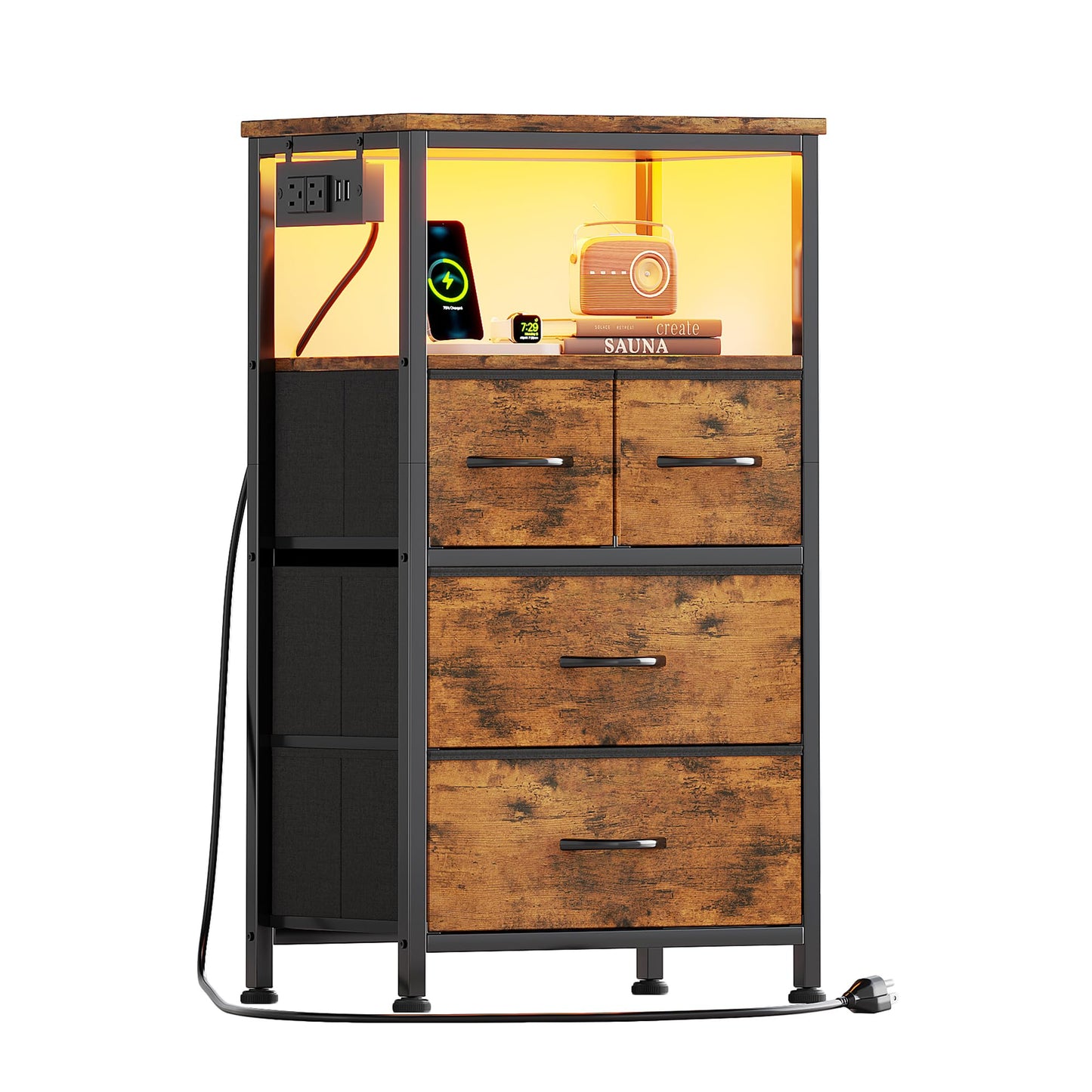 Flrrtenv Dresser for Bedroom, Night Stand with Charging Station, LED Nightstand with 4 Drawers, Tall Commode de Chambre for Bedroom, Bedside Table with Storage Shelf for Living Room, Rustic Brown