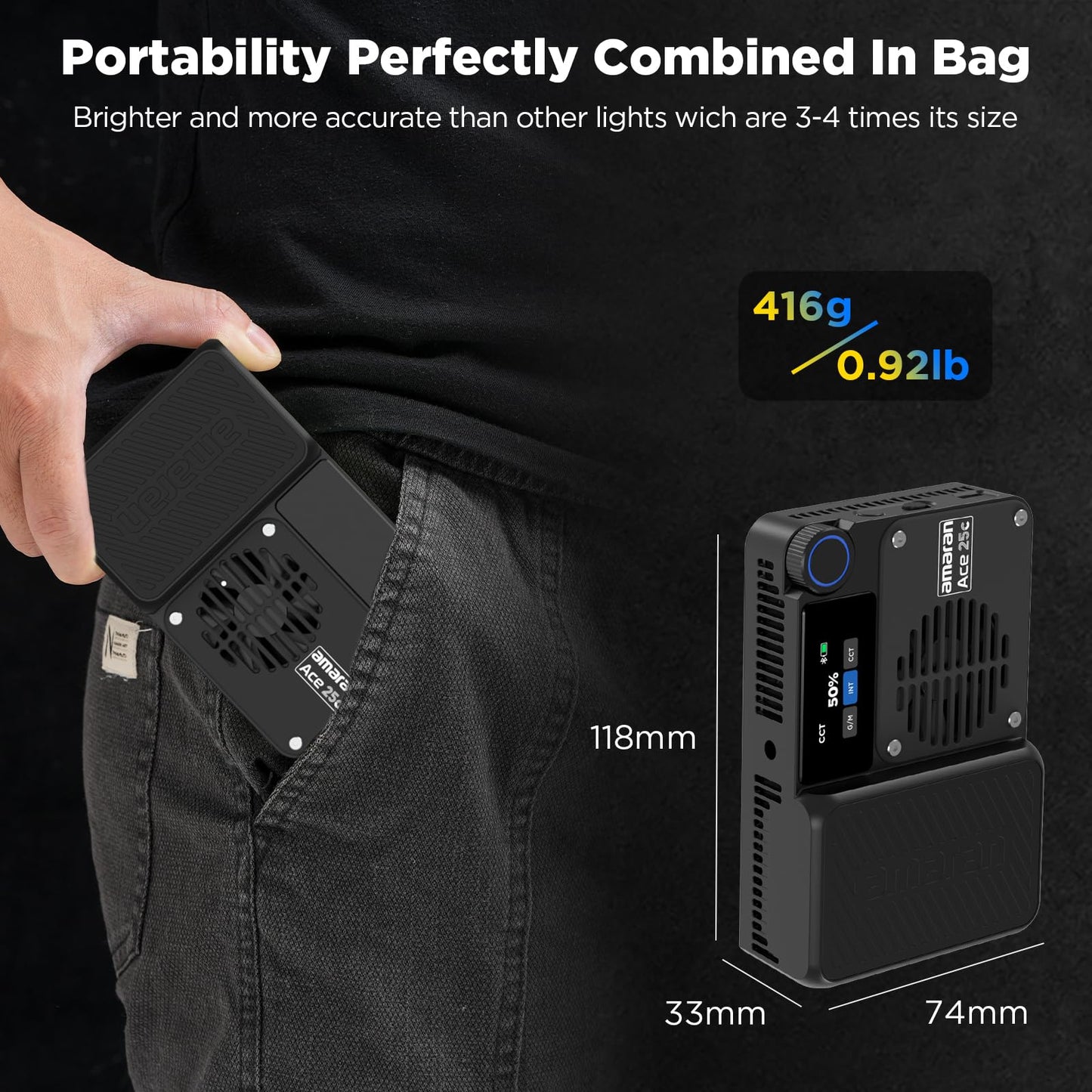 Amaran Ace 25c Pocket RGBWW LED Light, Boost Mode Up to 32W, Full-Color Mini Video Light (2,300-10,000K), 1,500 Lux@1m at 5,600K, 4500mAh Battery with PD Fast Charging for Mobile Creators (Charcoal)