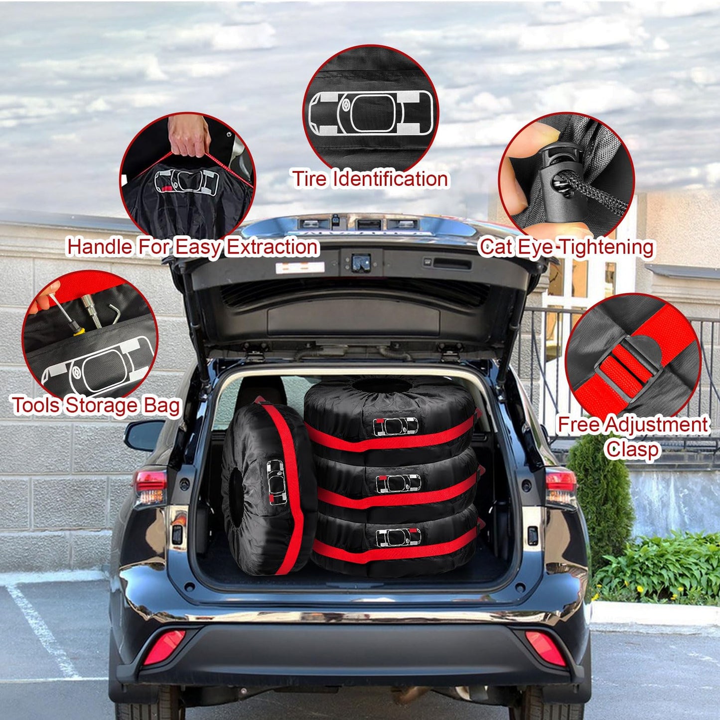 4PCS Tire Cover, Heavy Duty Outdoor Waterproof Dustproof Tire Wheel Protector for Trailer Tire Totes, Polyester Wheel Tires Storage Bags, Wheel Covers Fit for 19"-23" Tyres (Diameter 80cm)-Black/Red