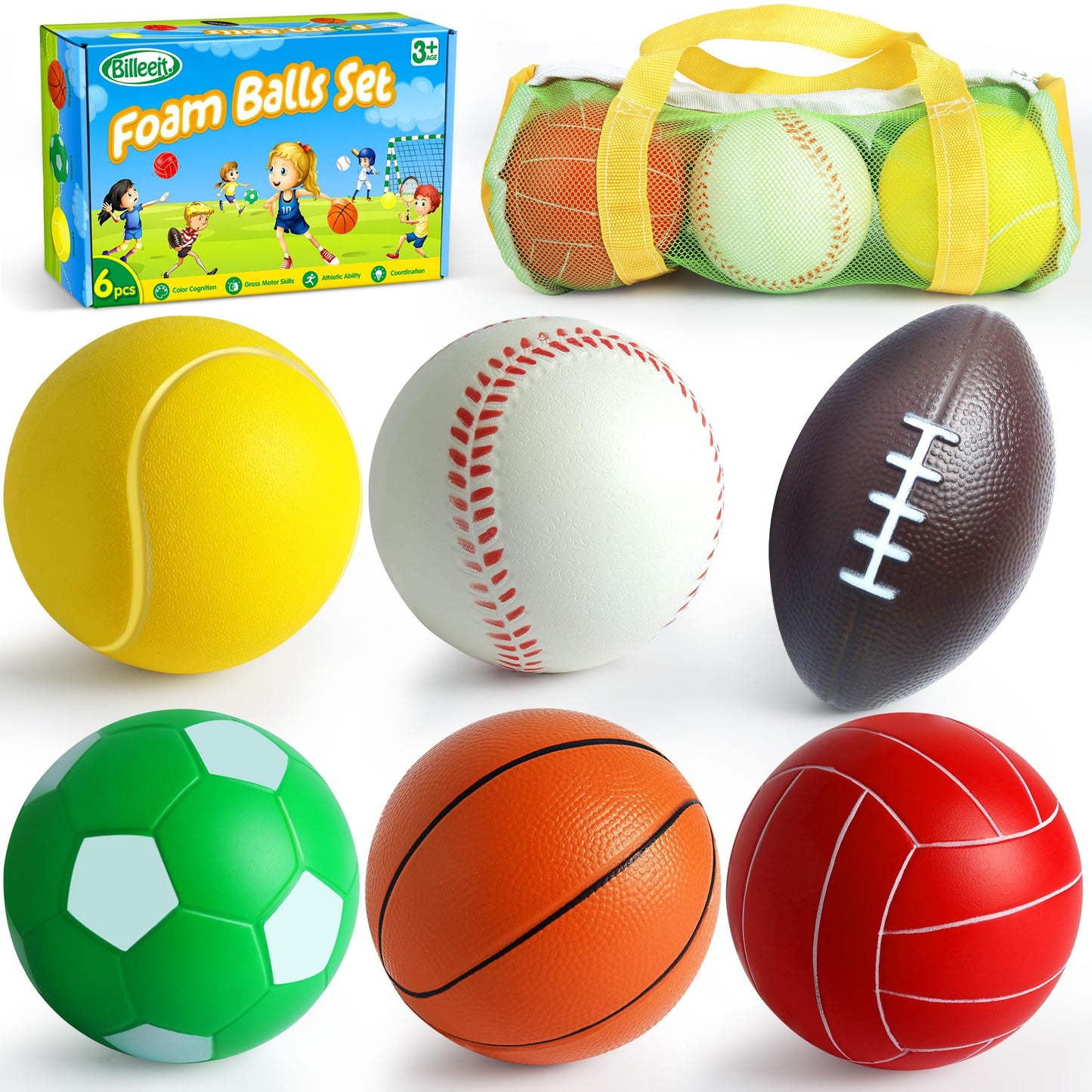 Billeeit Mini Sports Balls Set for Toddler 1-3 Kids 3+, First Sports Bag Include 1 Each of 3.5" Foam Soccer, Tennis Ball, Basketball, Football, Baseball, Volleyball, Fun Baby Ball Toys, Set of 6