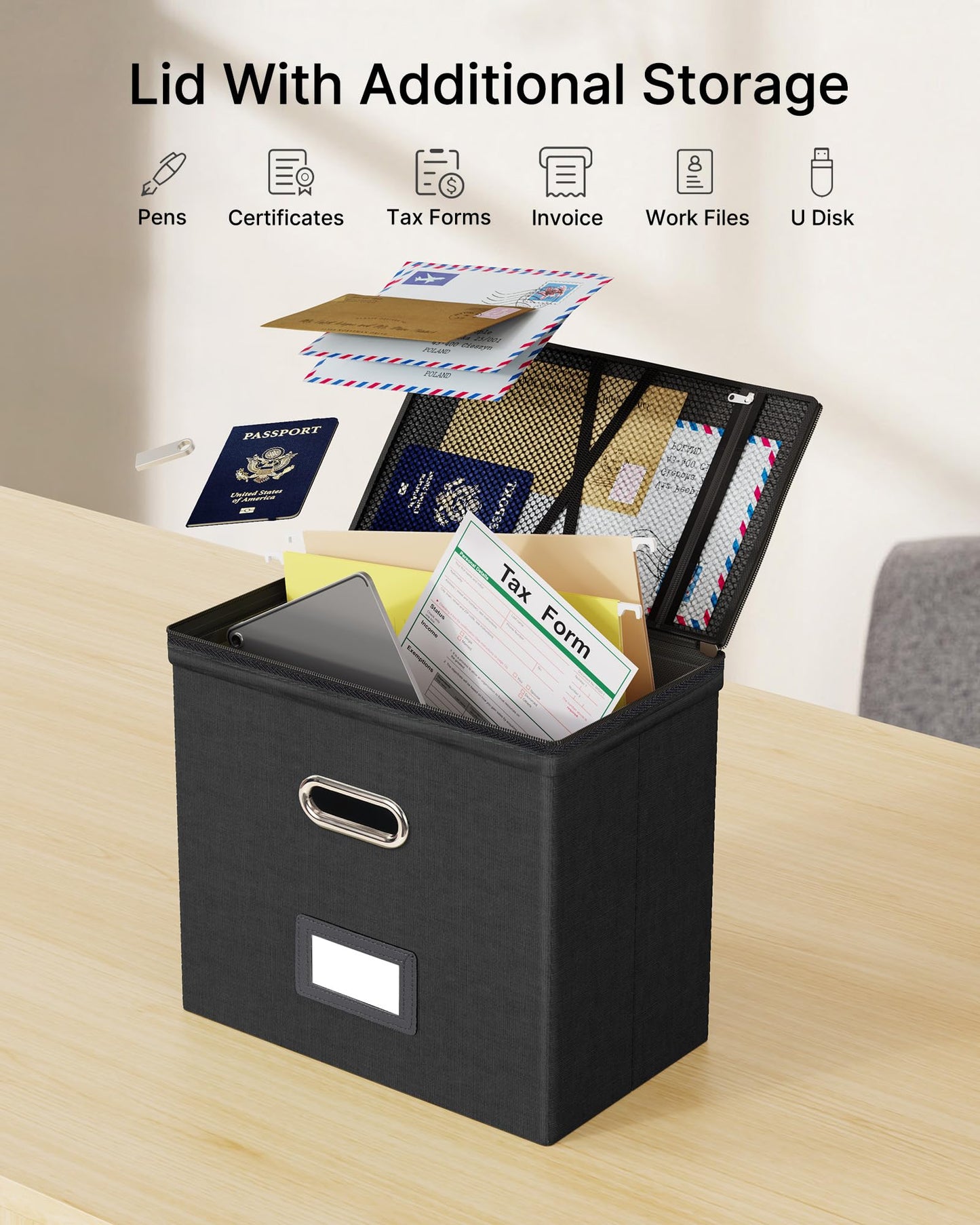Oterri Zipper File Boxes with Lids, Letter Size File Organizer with Mesh Pockets, Portable Filing Box with Handle, Zippers Document Organizer Storage Box for Office/Home/School (2 Pcs, Black)