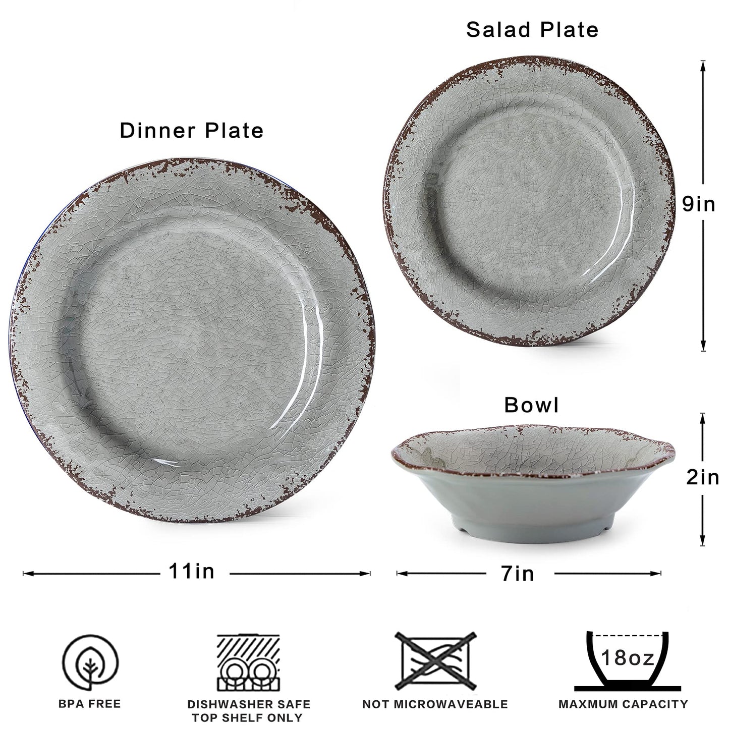LEHAHA Farmhouse Melamine Dishes Dinnerware Set, 12 Piece Rustic Plates and Bowls Great for Picnic, Camping, Service for 4, Reusable and Dishwasher Safe, Indoor and Outdoor Use
