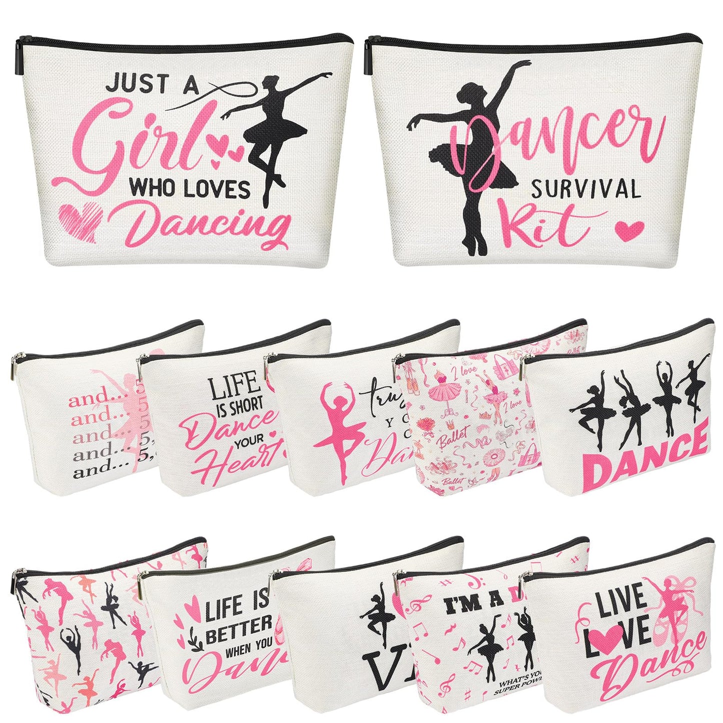 Silkfly 12 Pcs Dance Makeup Bag Ballet Cosmetic Bag Ballet Lover Gift Portable Travel Dance Stuff Teacher Appreciation Gifts Toiletry Zipper Pouch for Women
