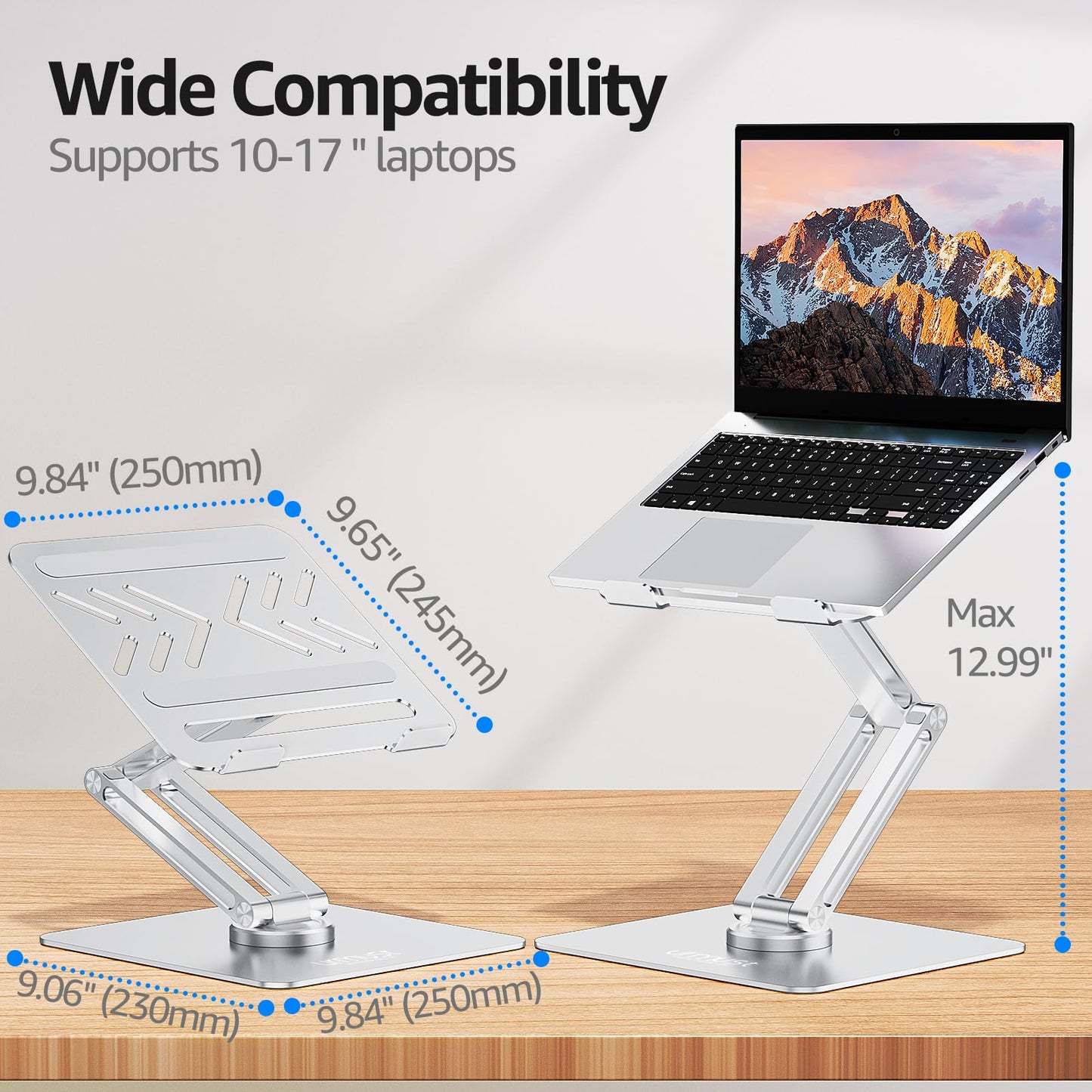 Urmust Adjustable Laptop Stand, Ergonomic with 360° Rotating Base, Foldable & Portable Laptop Riser, Compatible with MacBook, Dell, HP, Lenovo, and Other 10-17" Laptops (Silver)
