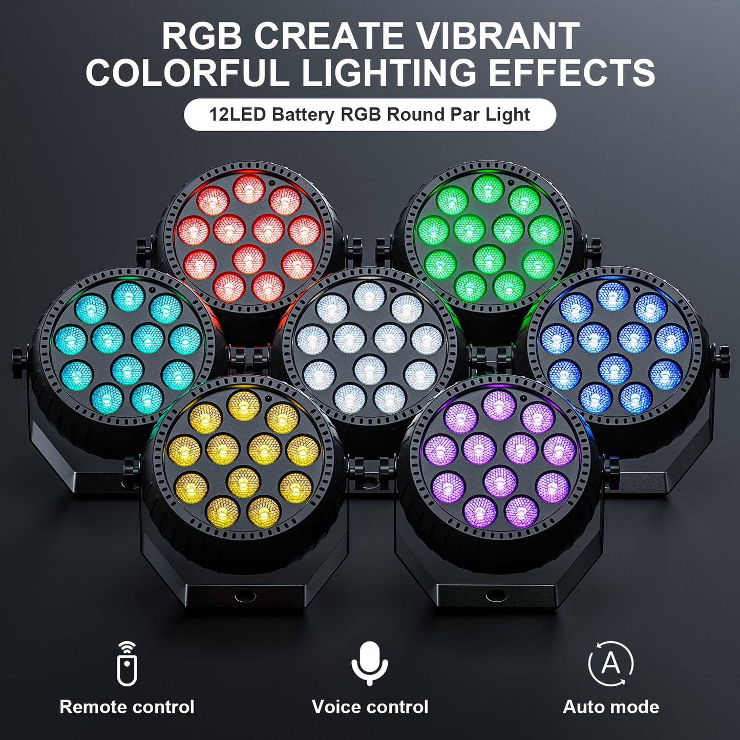 Rechargeable Mini Par Lights,Wireless 12 RGB Battery Powered Stage Lights,Uplights Sound Activated Control for Wedding Events,Par Lights for Club Party Church Stage Lighting (1 Pack)