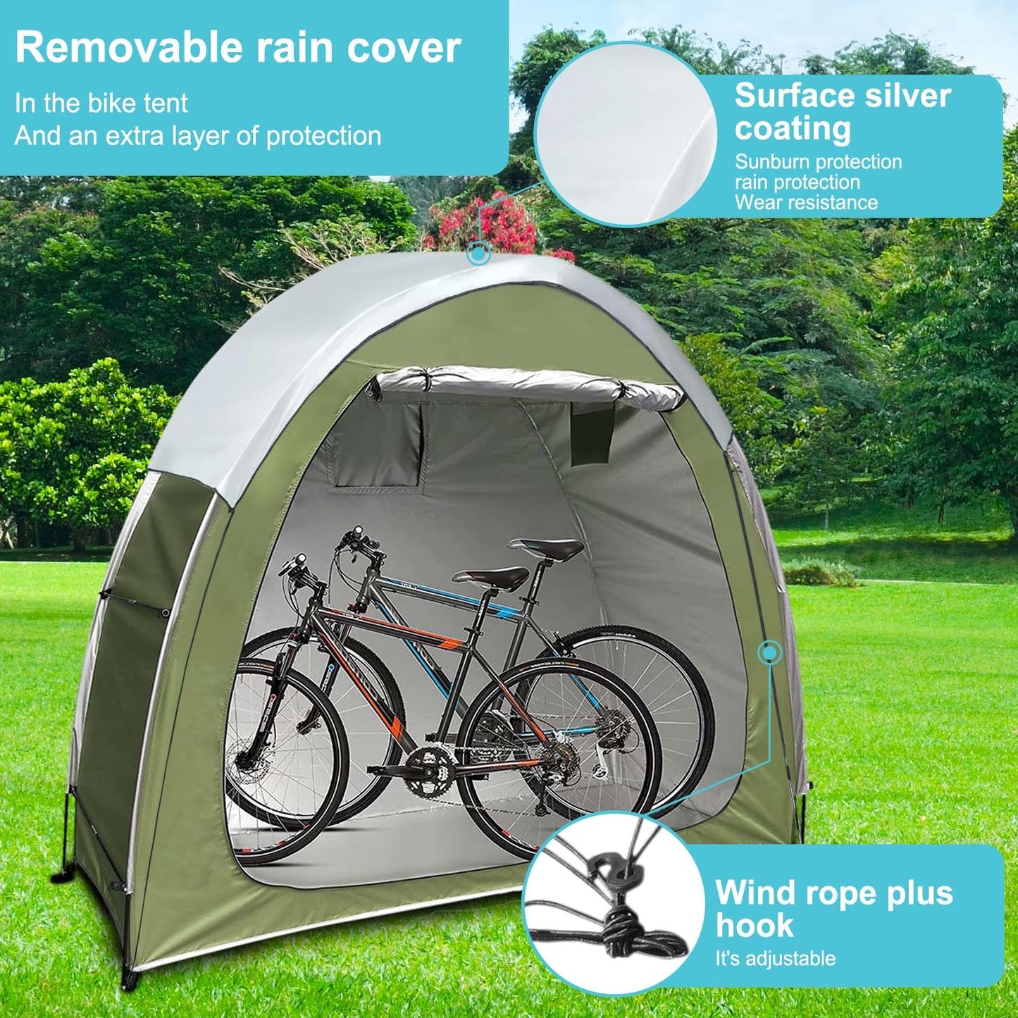 Bike Storage Tent Portable & Waterproof Bicycle Shed for 2 Bikes with Rain Cover, Heavy Duty Outdoor Bike Shelter Cover Backyard Storage