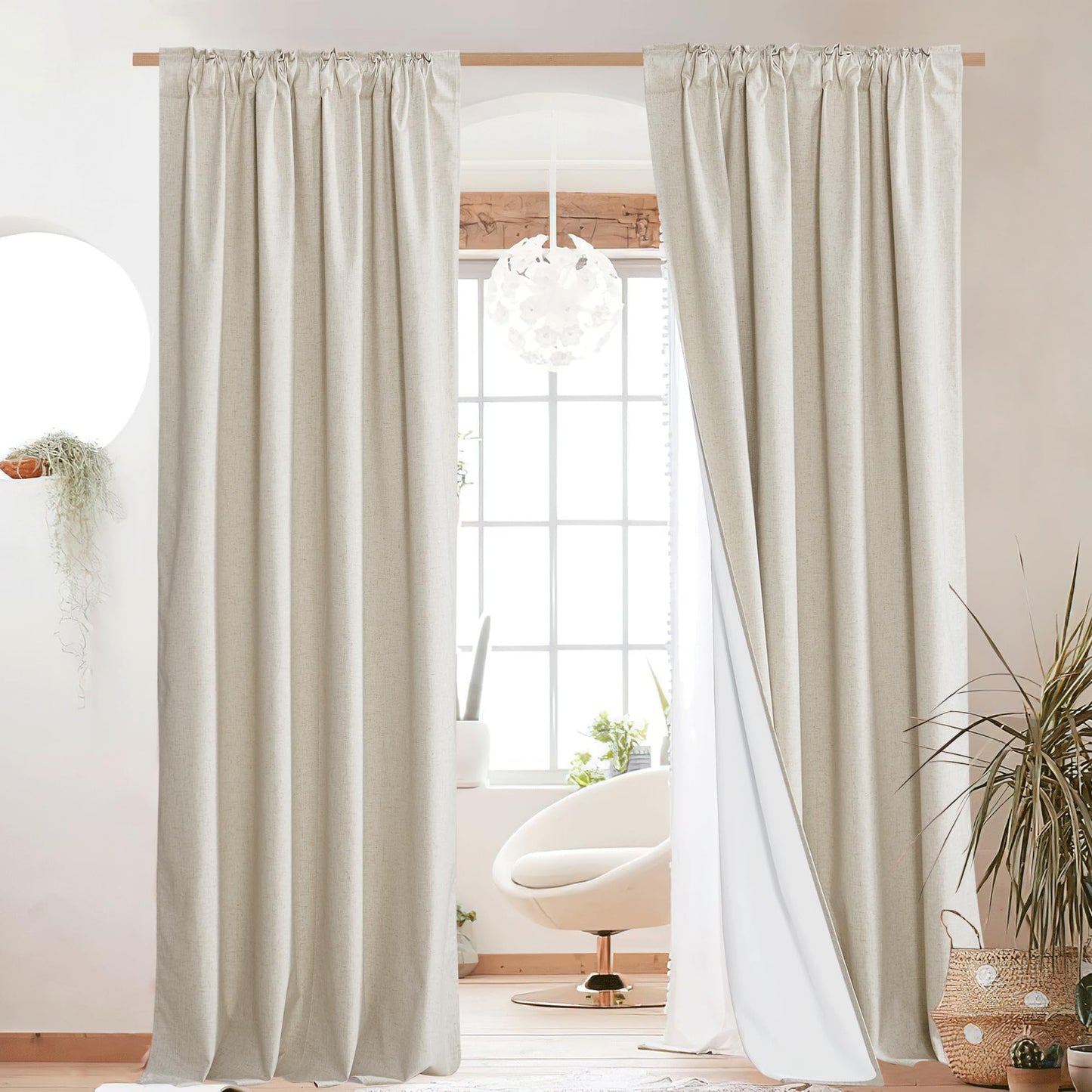 NICETOWN 100% Blackout Natural Linen Curtains 95 Inches Length, Back Tab & Rod Pocket Window Draperies 2 Panels with Thermal Insulated Liners for Living Room/Bedroom, 52 Inches Width