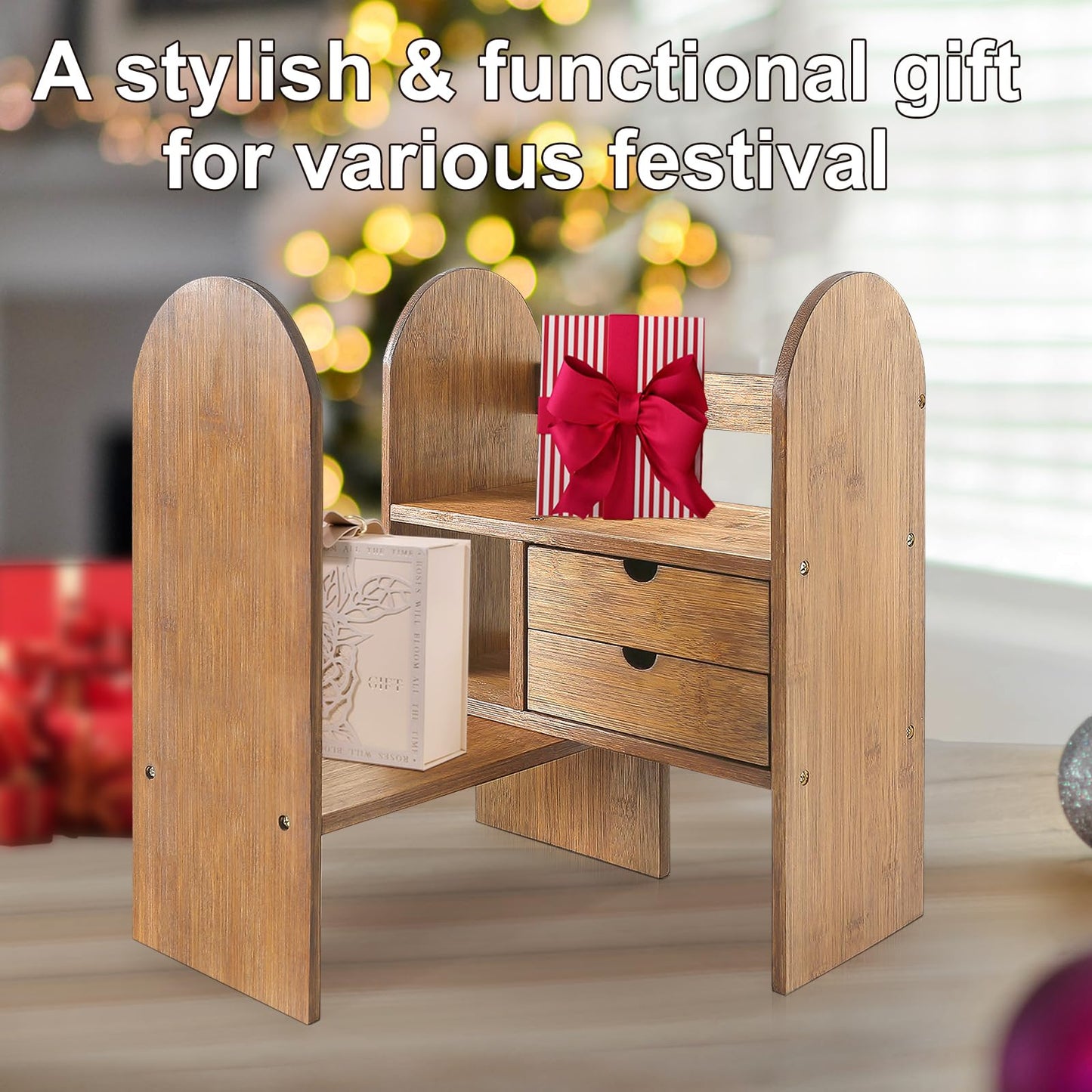 Sunhoo Desktop Bookshelf Organizer Adjustalbe Desk Shelf with Drawers Bedroom Bamboo Shelves Expandable Countertop Bookcase Standing Shelf for Office Supplies Seasoning Plants Books