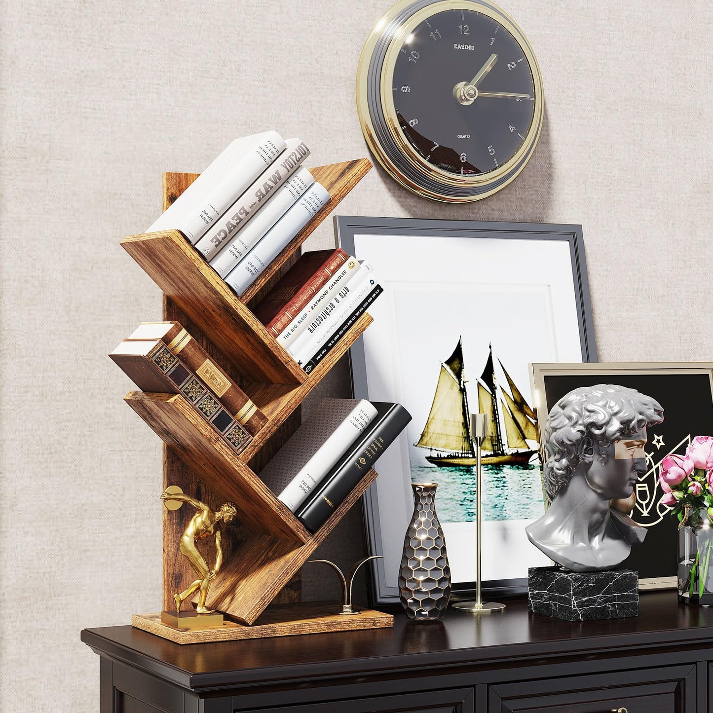 YMYNY 4-Tier Tree Bookshelf, Small Bookcase, Modern Wood Book Storage Rack, Freestanding Book Shelf for Books/Movies/CDs, Narrow Display Rack for Living Room, Home Office, Rustic Brown HBC014H