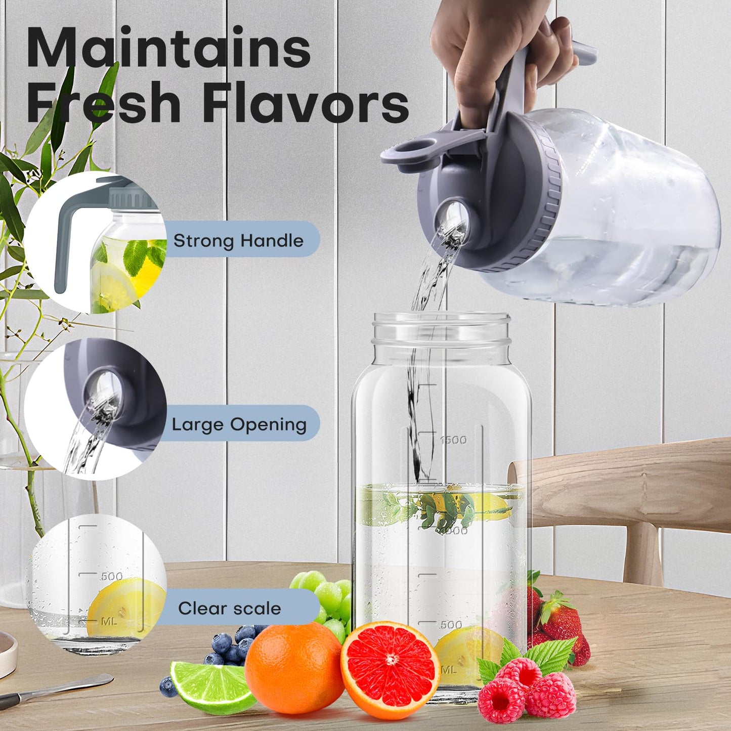 Fenhupe 64OZ Glass Mason Jar Pitcher with Lid, Leak-Proof Airtight Wide Mouth Jug for Cold Brew & Iced Tea, Milk, Juice and Sun Tea, Set of 2