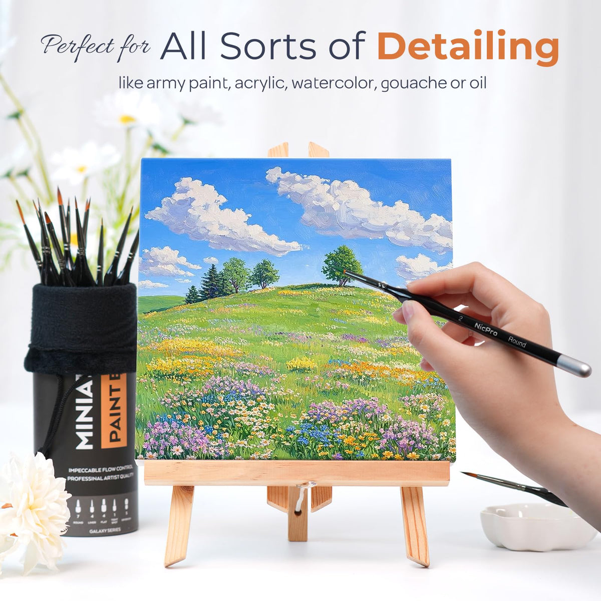 Nicpro 24 PCS Small Detail Paint Brush Set, Professional Miniature Painting Kit Fine Detail Brushes Upgrade Kit for Watercolor Oil Acrylic, Craft, Models, Rock, Paint by Number-Classic Vertical Holder