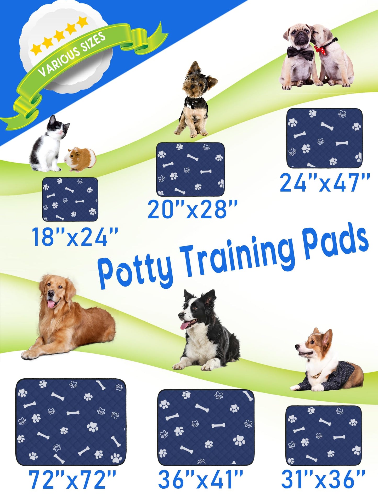 RIOUSSI Washable Pee Pads for Dogs, Reusable, Absorbent, Leakproof, Non Slip Pet Puppy Pads for Potty Training. Blue, 18x24 Inch(8pack)