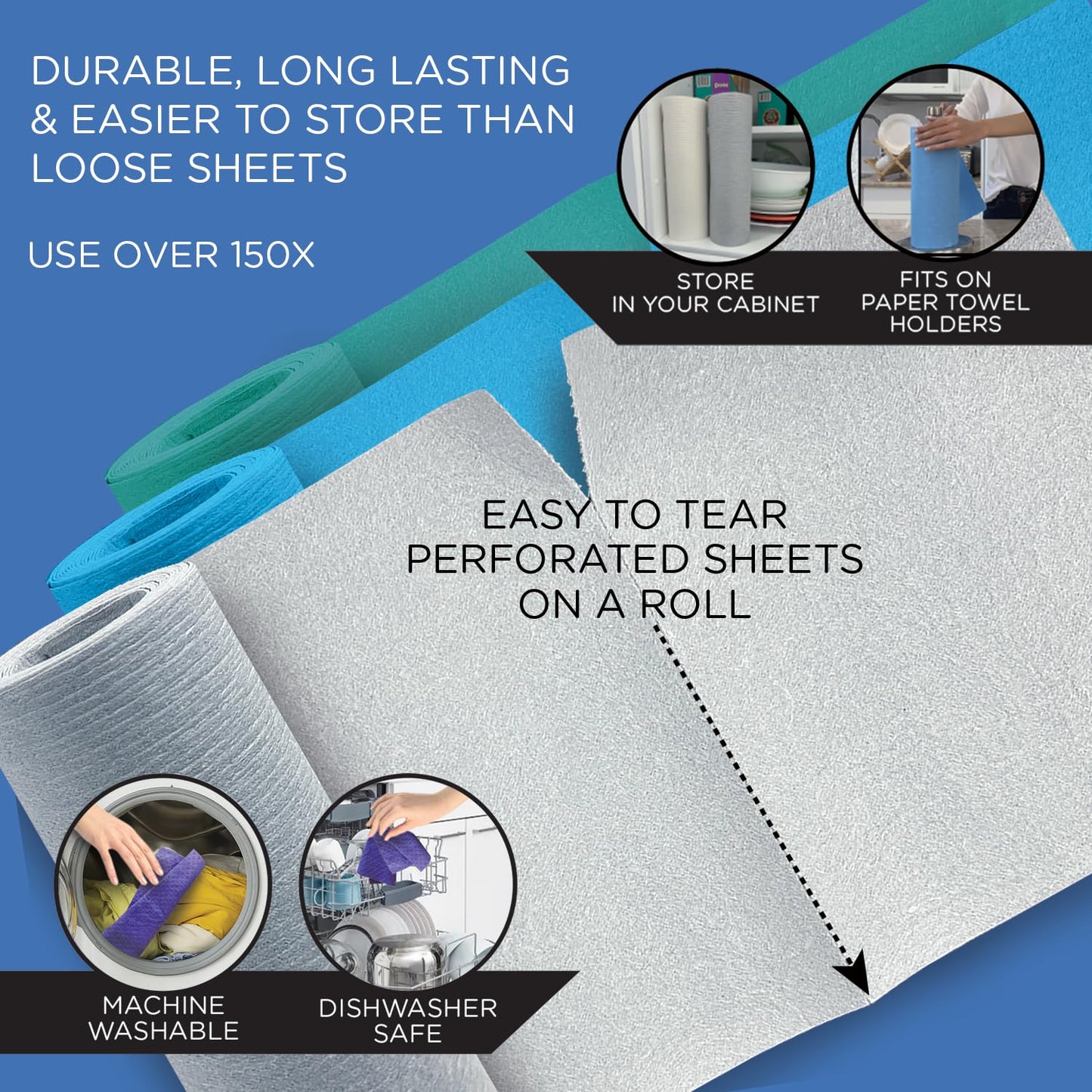 Swedish Dishcloths for Kitchen On a Roll - 30 Sheets, Ultra Absorbent Eco Friendly Cleaning Cellulose Sponge Cloths, Reusable Paper Towels Dishwasher Safe Hand Towels, 10.625" x 9.75" Made In Europe