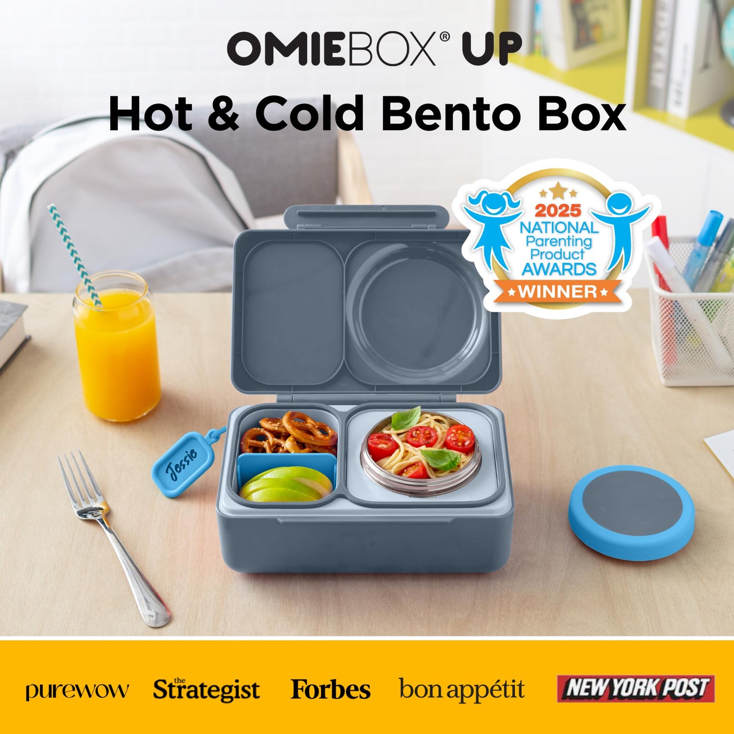 OmieBox UP bento Box for Kids | Insulated Lunch Box | Insulated Food jar | Cooler ice Pack | 2 Compartments (Graphite)
