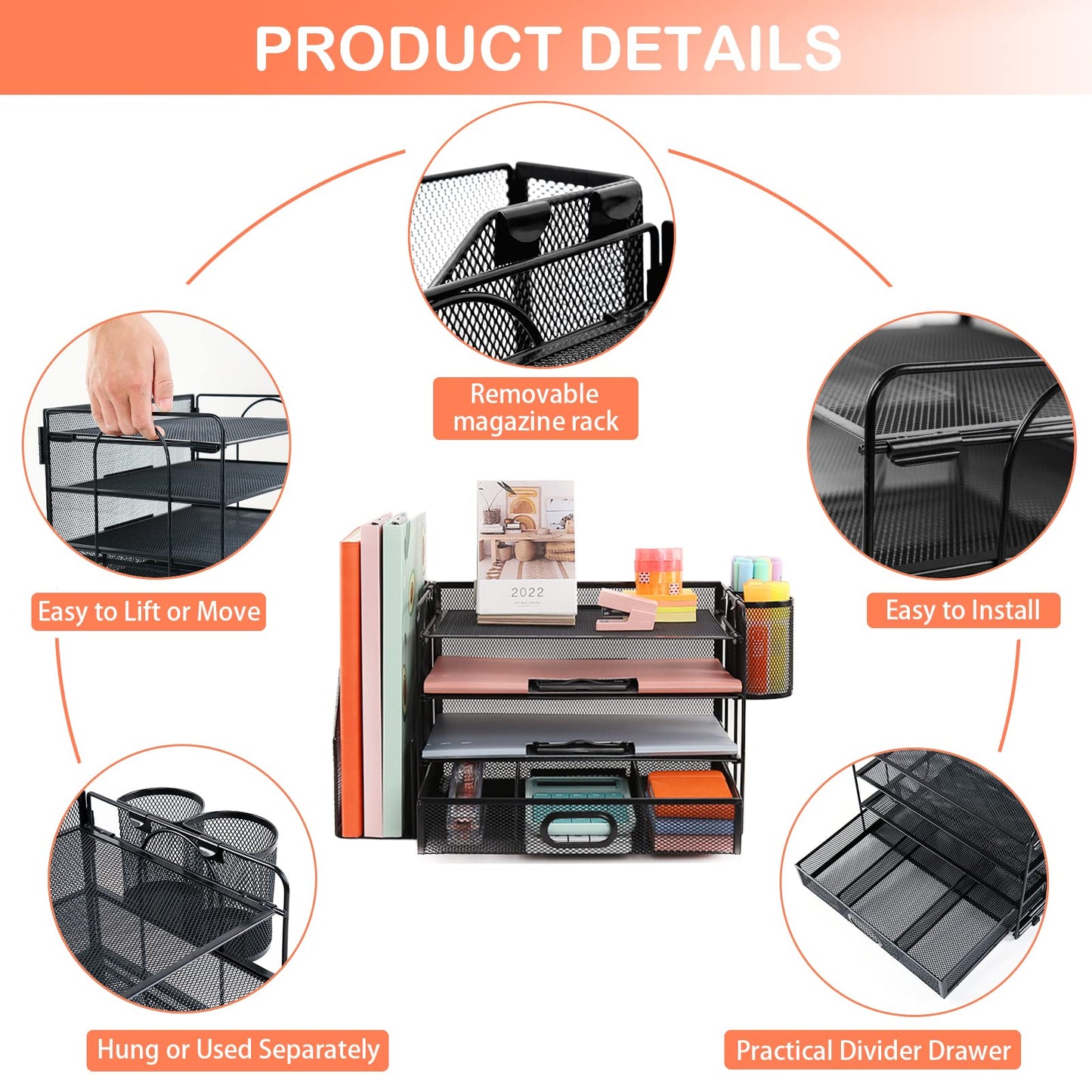 Desk Organizer with File Holder, 4-Tier Letter Paper Tray Organizer with Drawer & 2 Pen Holders, Desk Organizers and Accessories, Mesh Desktop File Organizer and Storage for Office Supplies