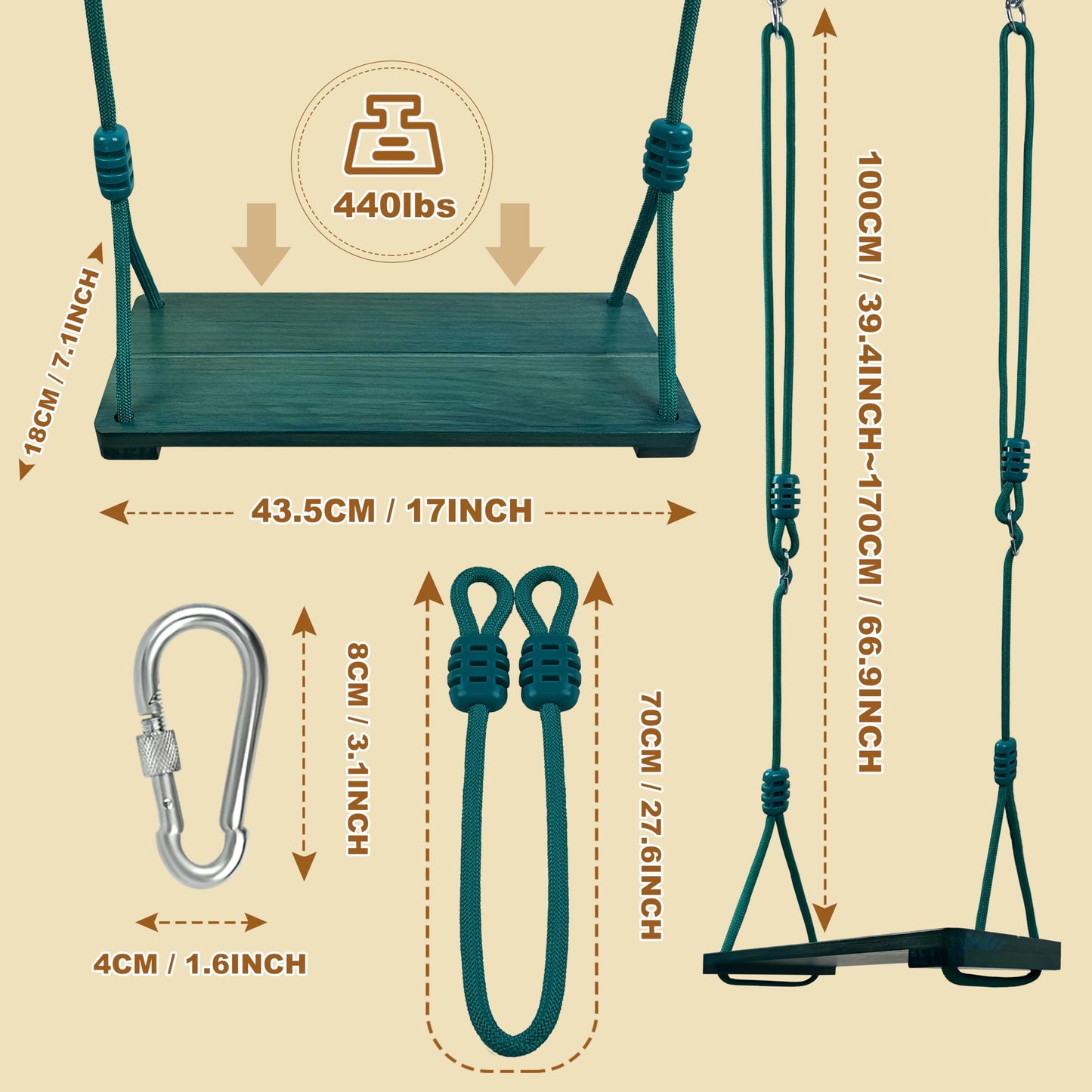 NOSTIFY Wooden Swing Seat, Nostalgic Outdoor Wood Swing for Kids Adults, Hanging Tree Straps Set Accessories for Backyard Patio Garden Playground (Green)