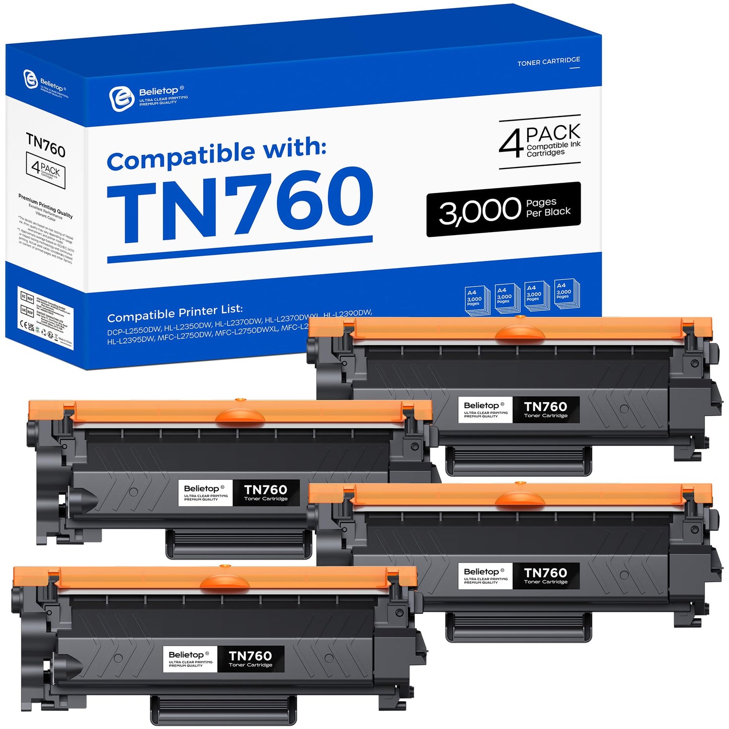 TN760 High Yield Toner Cartridges Replacement for TN 760 TN-760 TN730 Toner Compatible with MFC-2710DW HL-L2395DW DCP-L2550DW HL-L2370DW HL-L2690DW HL-L2390DW MFC-L2750DW Printers(4 Pack)