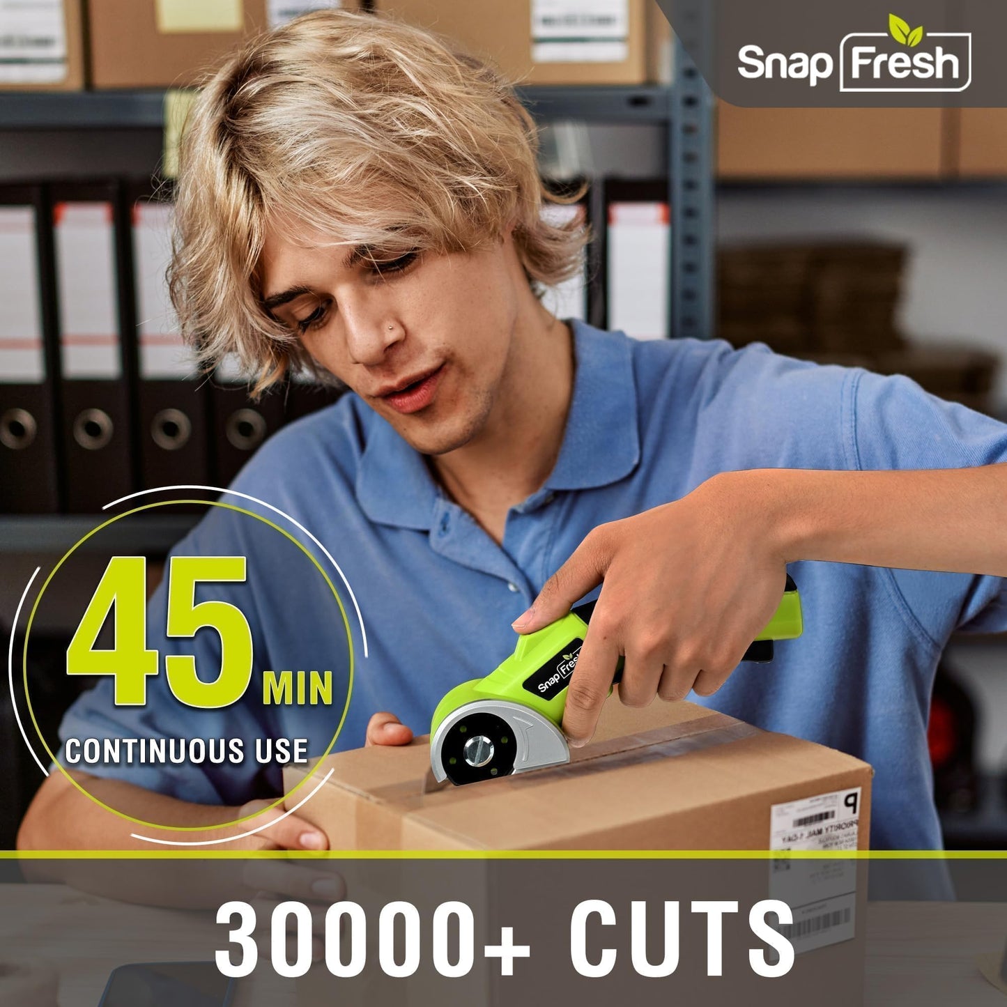 SnapFresh 4V Cordless Electric Scissors-Rechargeable Rotary Box Cutter w/ 2.0Ah Battery, 2 Self-Sharpening Blades, 285RPM,LED & Safety Lock,Carpet Cutter Tool for Cardboard, Fabric, Leather, Plastic