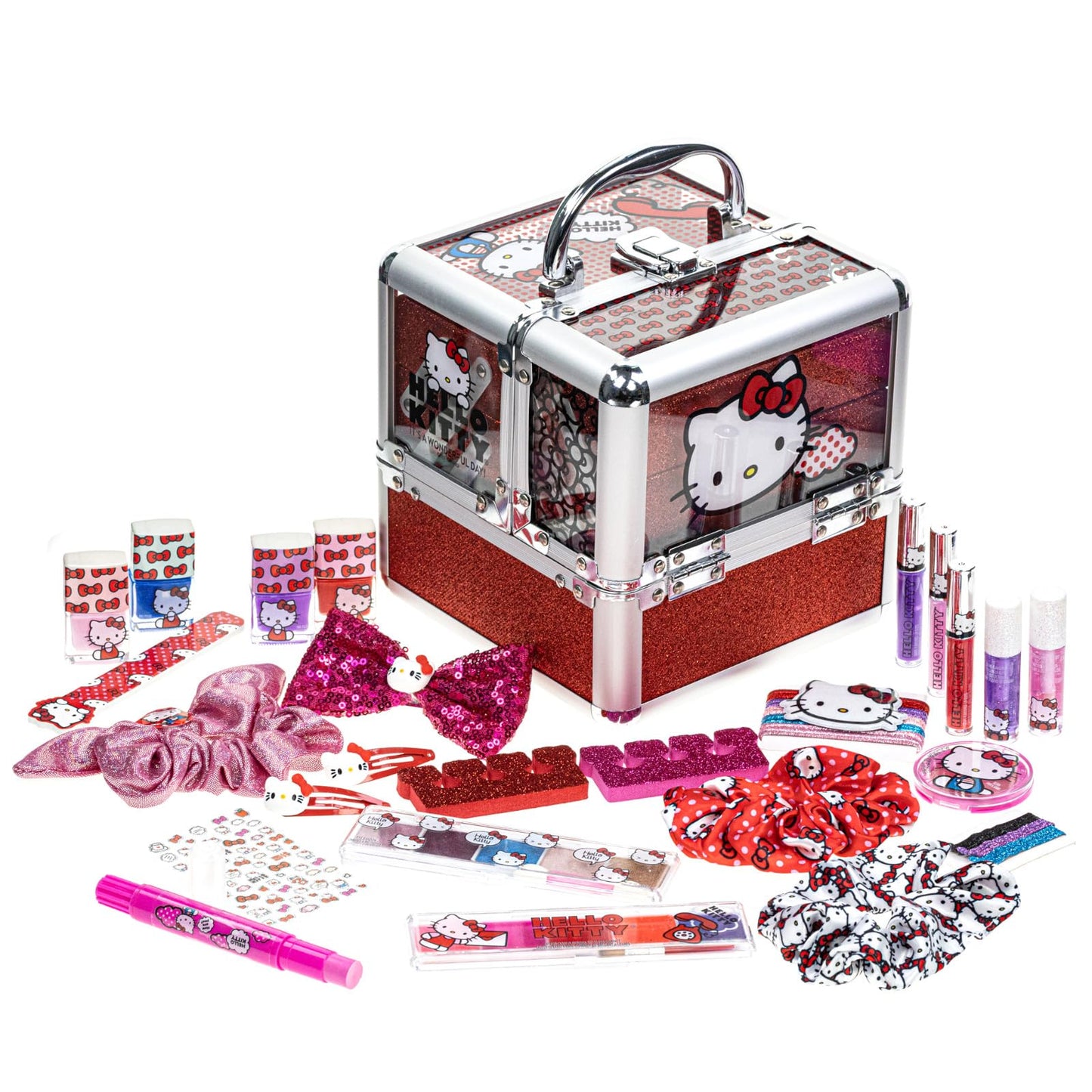 Hello Kitty Train Case Cosmetic Makeup Set Includes Lip Gloss, Eye Shimmer, Nail Polish, Hair Accessories & More! For Girls, Ages 6+ Perfect for Parties & Makeovers, by Townley Girl