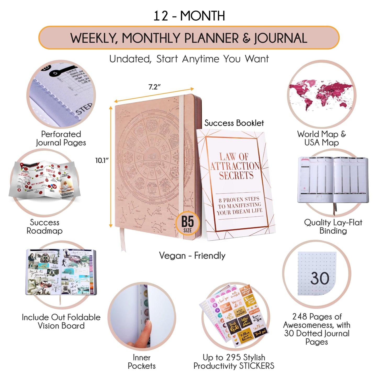 Law of Attraction Planner 2025 – Undated Hourly, Weekly & Monthly Goal Setting Planner, 12-Month to Increase Productivity | Life & Gratitude Journal, Include Foldable Vision Board, Gift Box & Stickers