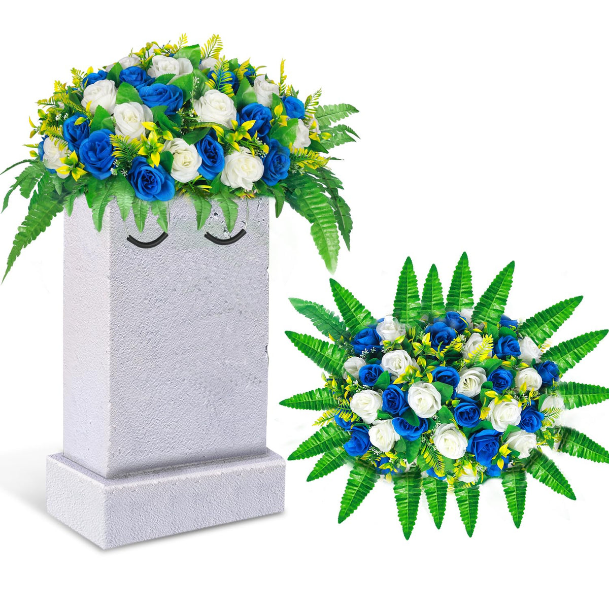 Lodou Artificial Cemetery Flowers, Silk Flower Arrangement,Artificial Rose Bouquet Grave Memorial Flowers with Headstone Saddle for Graveyard Headstones Decoration (1, Blue and White)