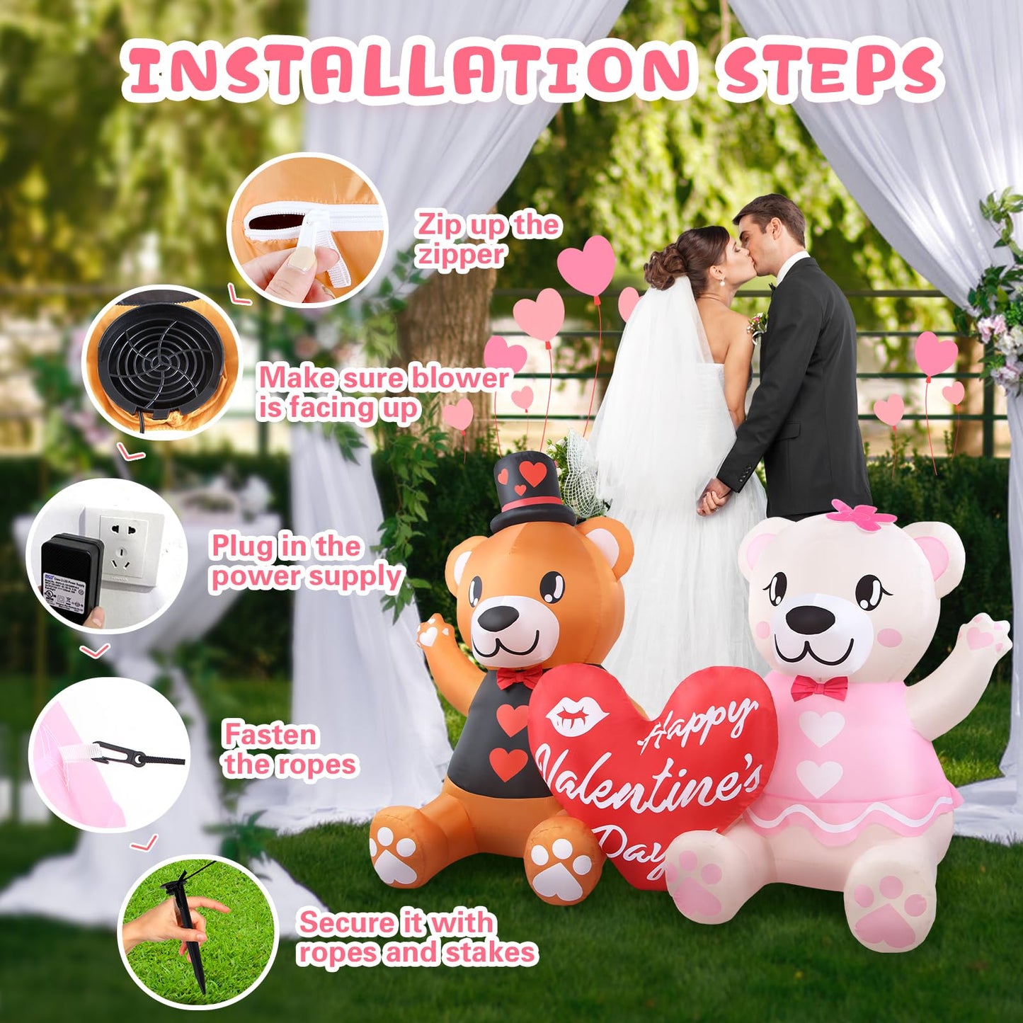 LETIME 5.6 FT Long Inflatable Valentines Day Decorations LED Lighted Blow up Bear Couples with Love Heart Romantic Valentines Inflatables Outdoor Yard Décor for Party Anniversary Wedding Propose