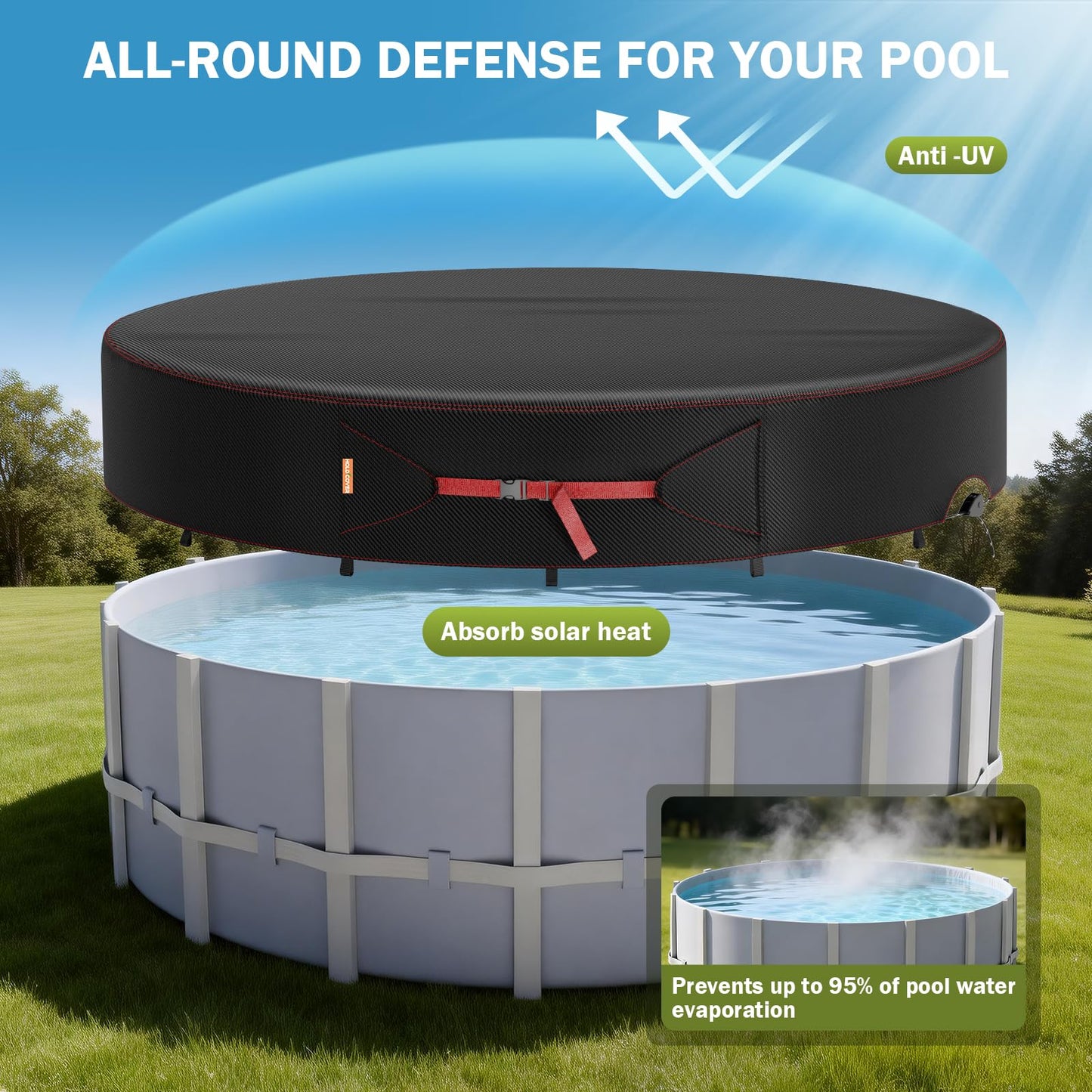 15 Ft Round Pool Cover, Solar Covers for Above Ground Pools, Summer Pool Cover Protector with Tightening Ratchet, Swimming Pool Cover Ideal for Waterproof and Dustproof