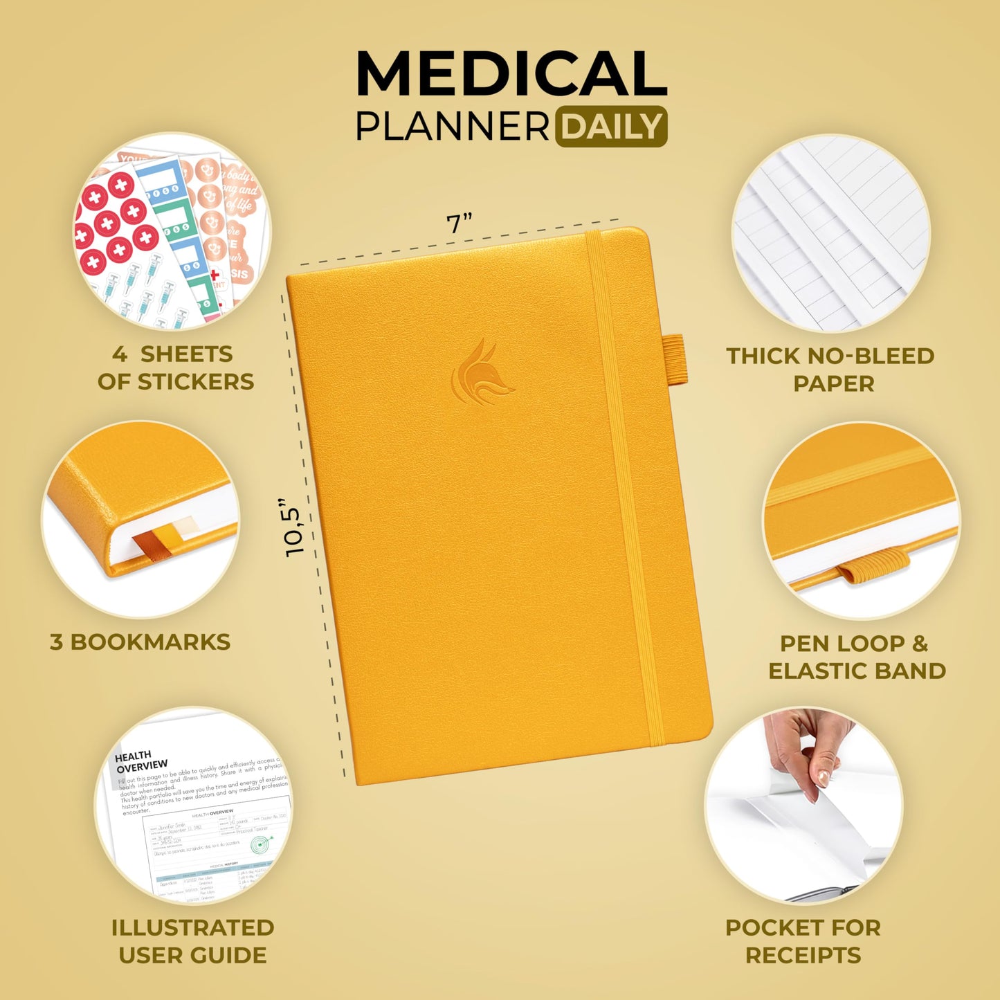 Clever Fox Large Medical Planner 12-Month – Medical Notebook, Health Diary, Wellness Journal to Track Health – 12 Months, 7x10.5″ (Amber Yellow)