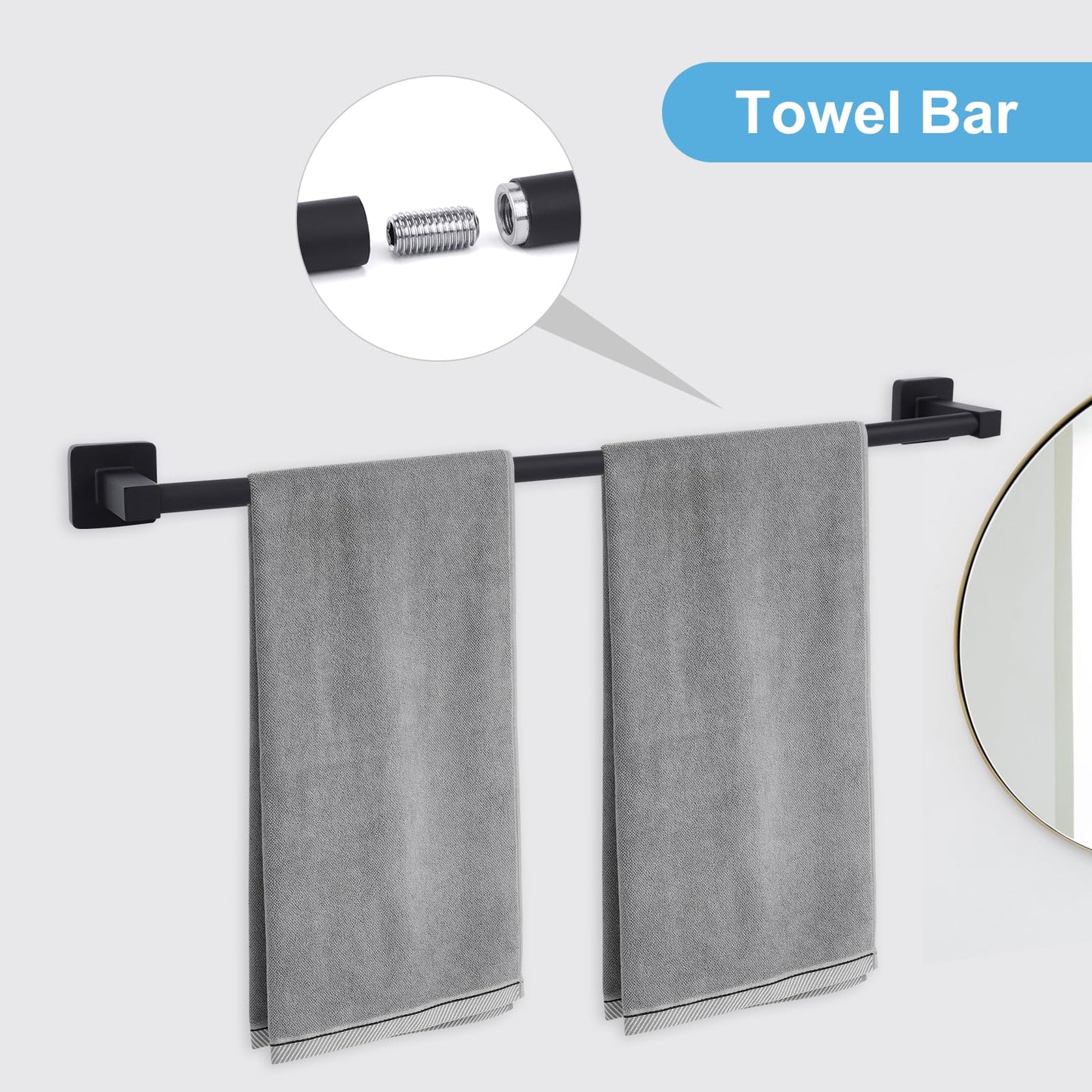 Ntipox 5 Pieces Matte Black Bathroom Hardware Accessories Set,23.6 Hand Towel Bar Set Black, Toilet Paper Holder, Towel Ring,Towel Rack Set Matte Black for Bathroom