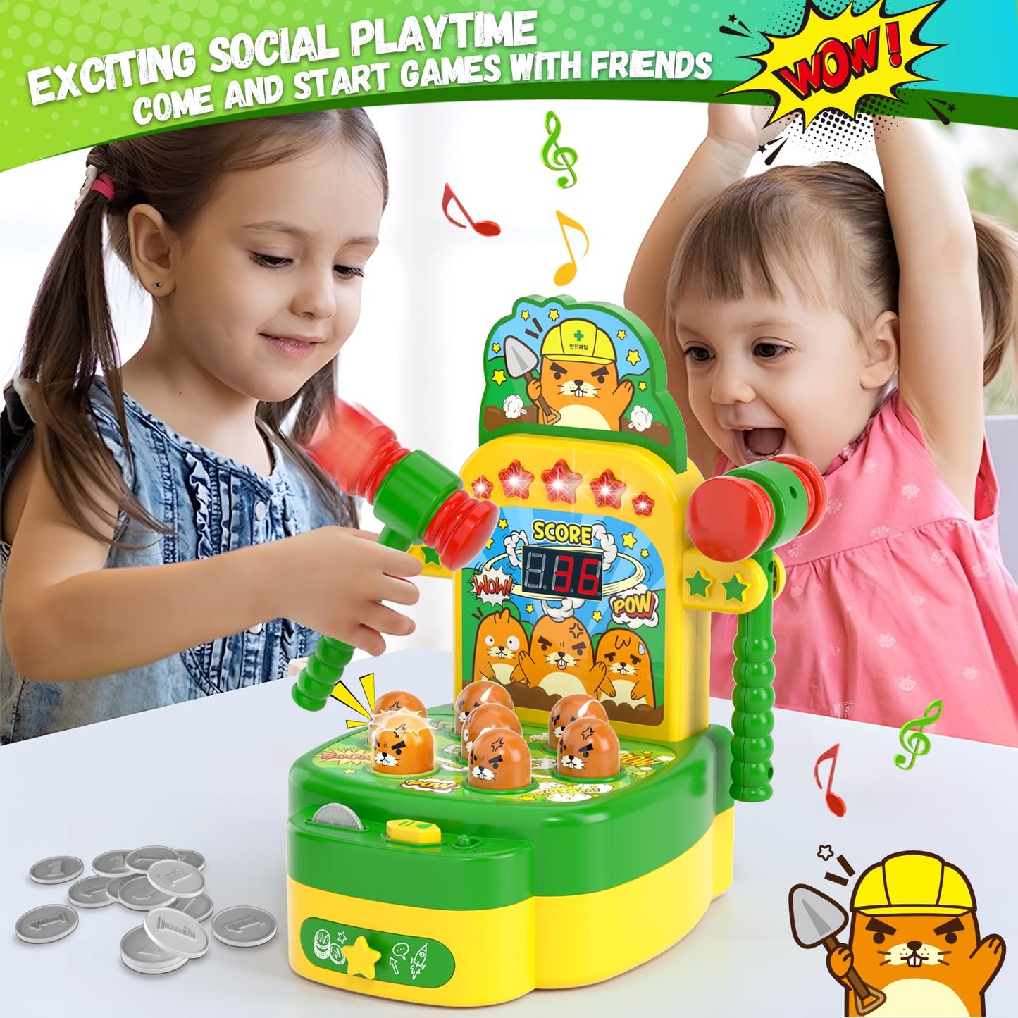 Arcade Game Toys for 3 Year Old, Electronic Mini Interactive Pounding Hammering Toys, Whack Game Mole, Gift Idea for Toddler Kids Girls Boys Ages 3 4 5 6 7 8+, Marmot Toy Cartoon Fun Style (Green)