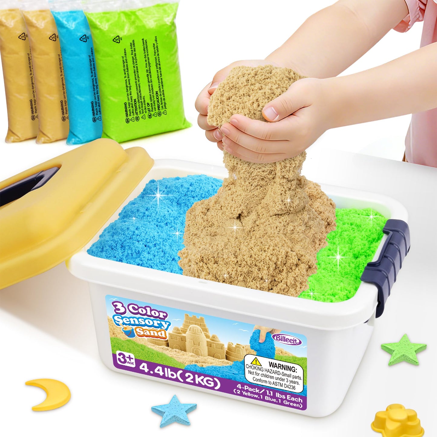 Billeeit 4.4 lbs Play Sand w/Storage Sandbox, 4-Pack(2 Yellow, 1 Blue, 1 Green), Sensory Bin Refill Sand for Shaping, Molding, Pressing, Scooping, Rolling, Self-Sticking Sand Sensory Toy for Kids 3+