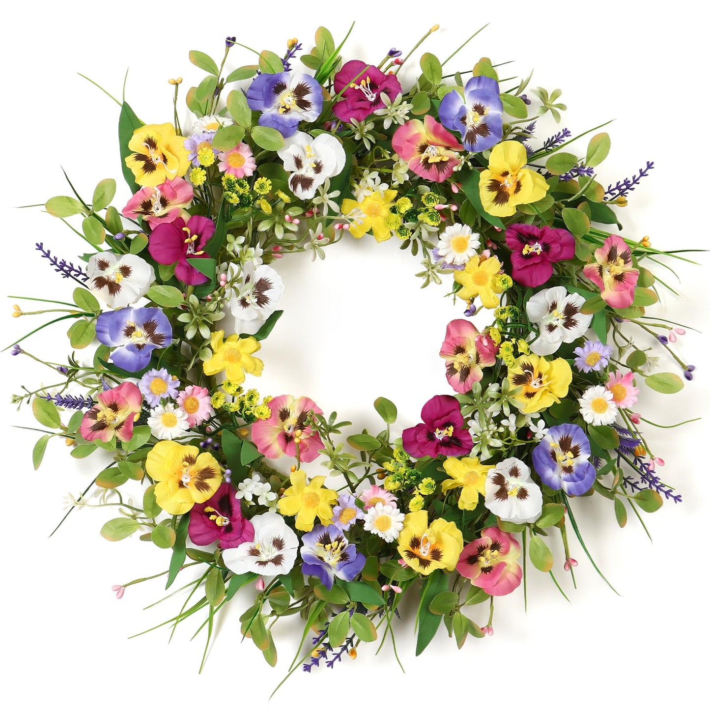 Betylifoy Spring Wreath for Front Door 20 Inch Artificial Flower Pansy Wreath with Eucalyptus Leaves Daisy Lavender Fern Wreath Silk Summer Door Wreath for Farmhouse Outdoor Festival Wall Decor