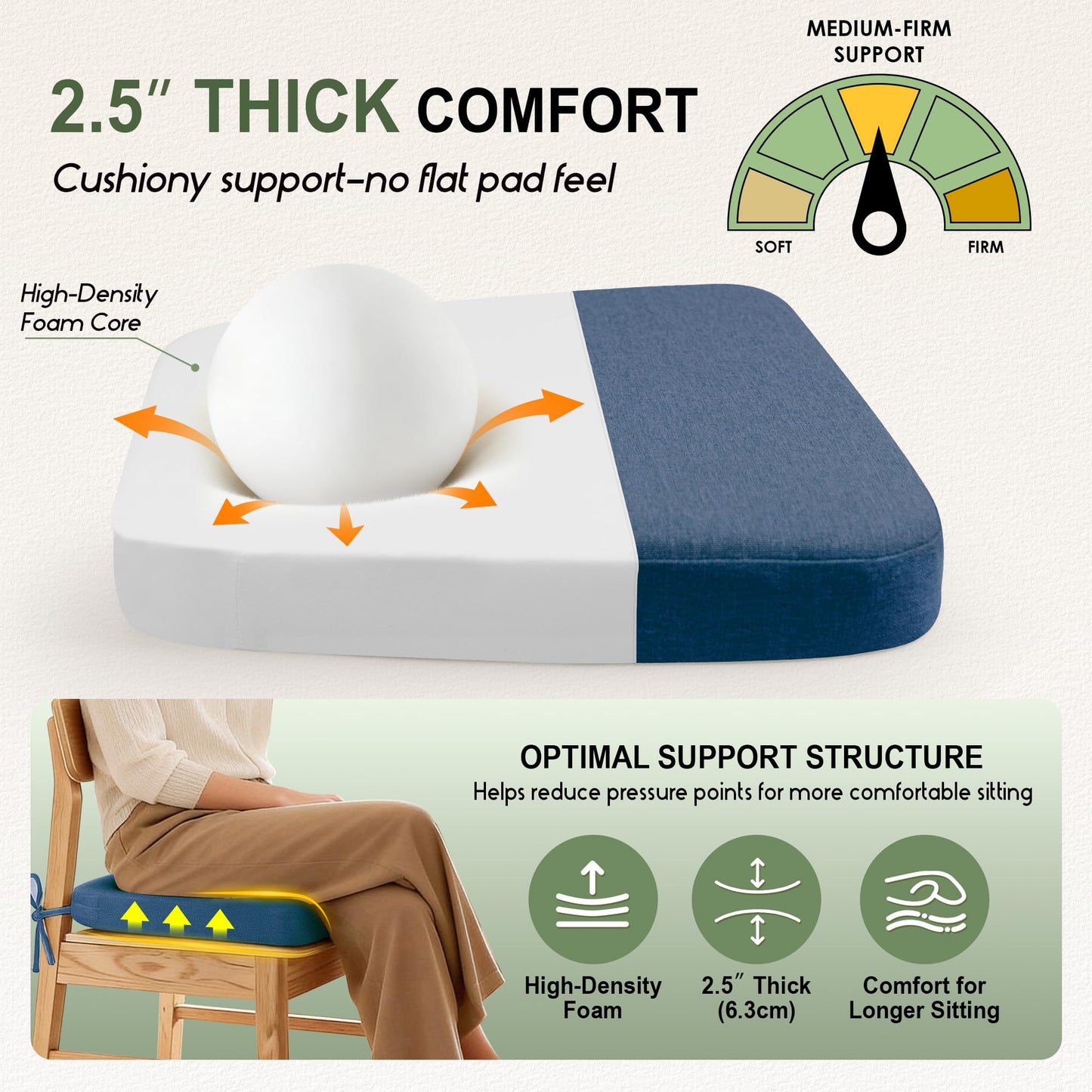 kingphenix Dining Chair Cushions Set of 4, 2.5 inch Thick Kitchen Chair Pads with Ties, Non Slip Bottom, Removable Washable Cover, 17” x 16”, Navy Blue