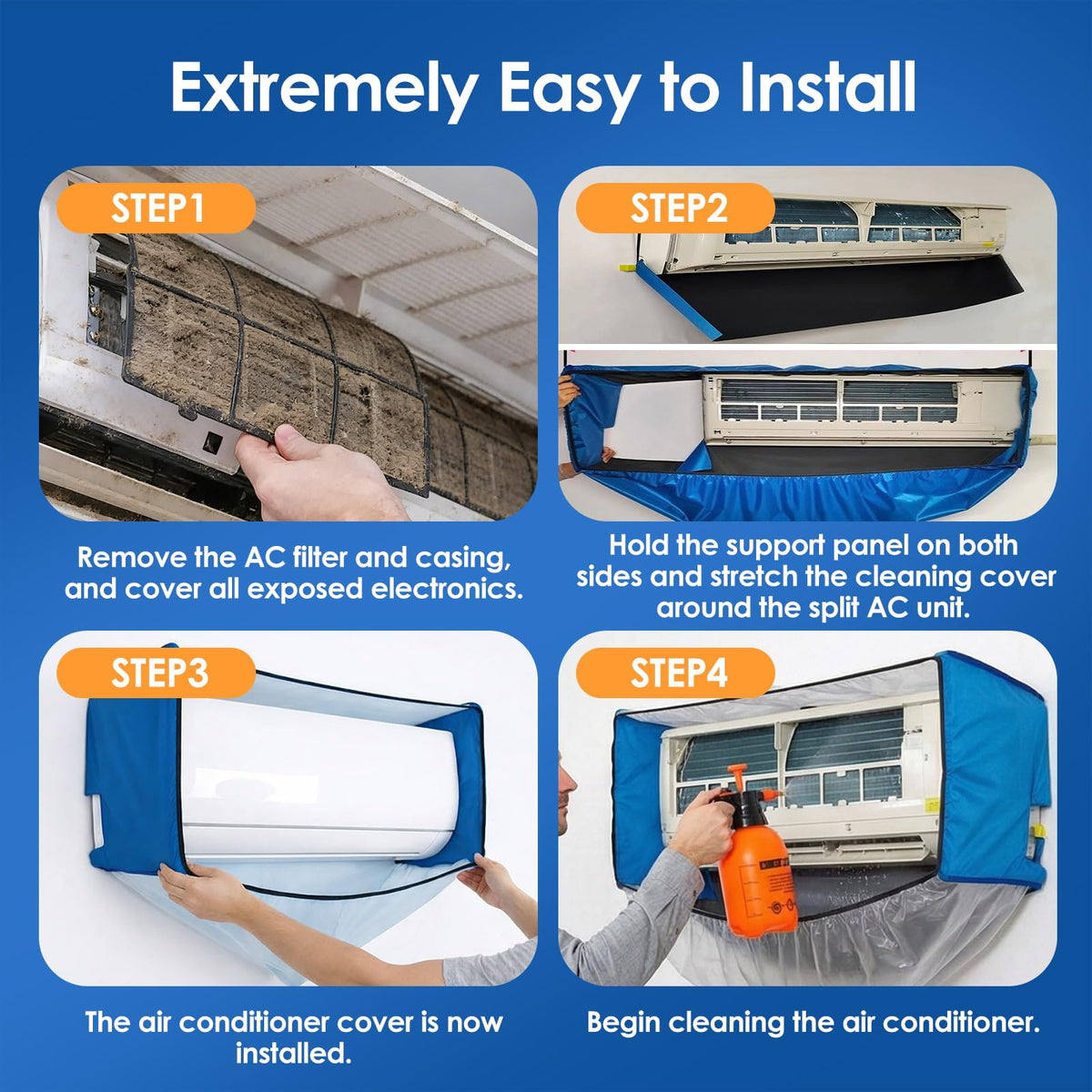 KIKEPILM Air Conditioner Cleaning Kit for Mini Split Heat Pump, Wall Mounted Split AC Cleaning Bag Cover with Reinforced Side Walls and Drain, Thermopompe Climatiseur Nettoyage Kit, White-Blue Large