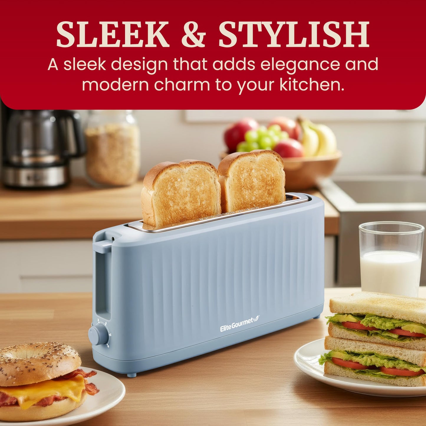 Elite Gourmet ECT2517OX SLIMTOAST™ 2-Slice, Long Slot Toaster, Cool-touch Body, 6 Toast Settings & Cancel Function, Extra Wide 1.5” Slot Easily Fits Bread, English Muffin, Bagel & Waffles, Ocean Blue