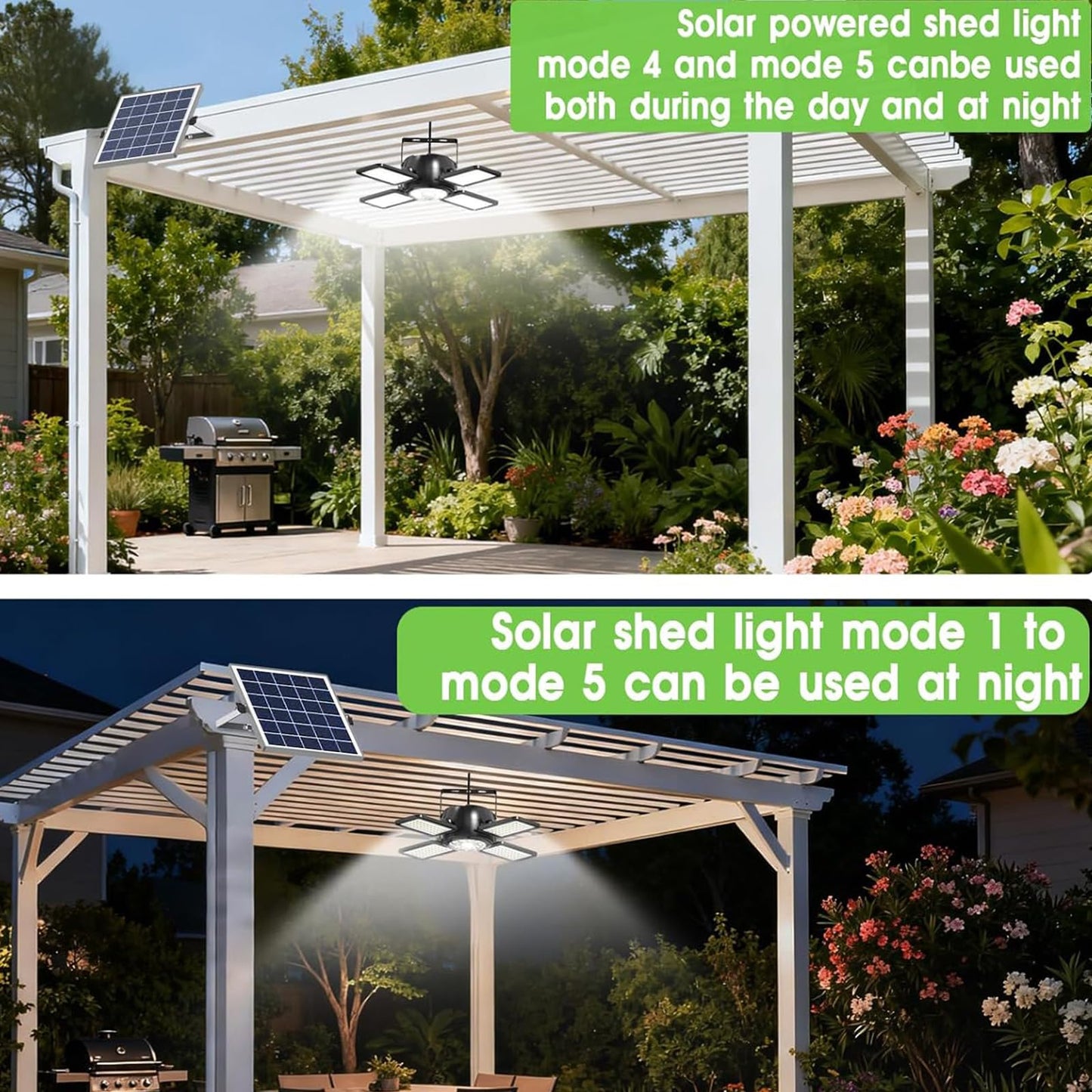 Solar Shed Light Outdoor Indoor Upgrade 1200LM 174LED 4 and 1 Heads Motion Sensor Pendant Light, Solar Lights with 5 Lighting Modes Remote Control IP65 Waterproof for Barn Patio Gazebo Shop